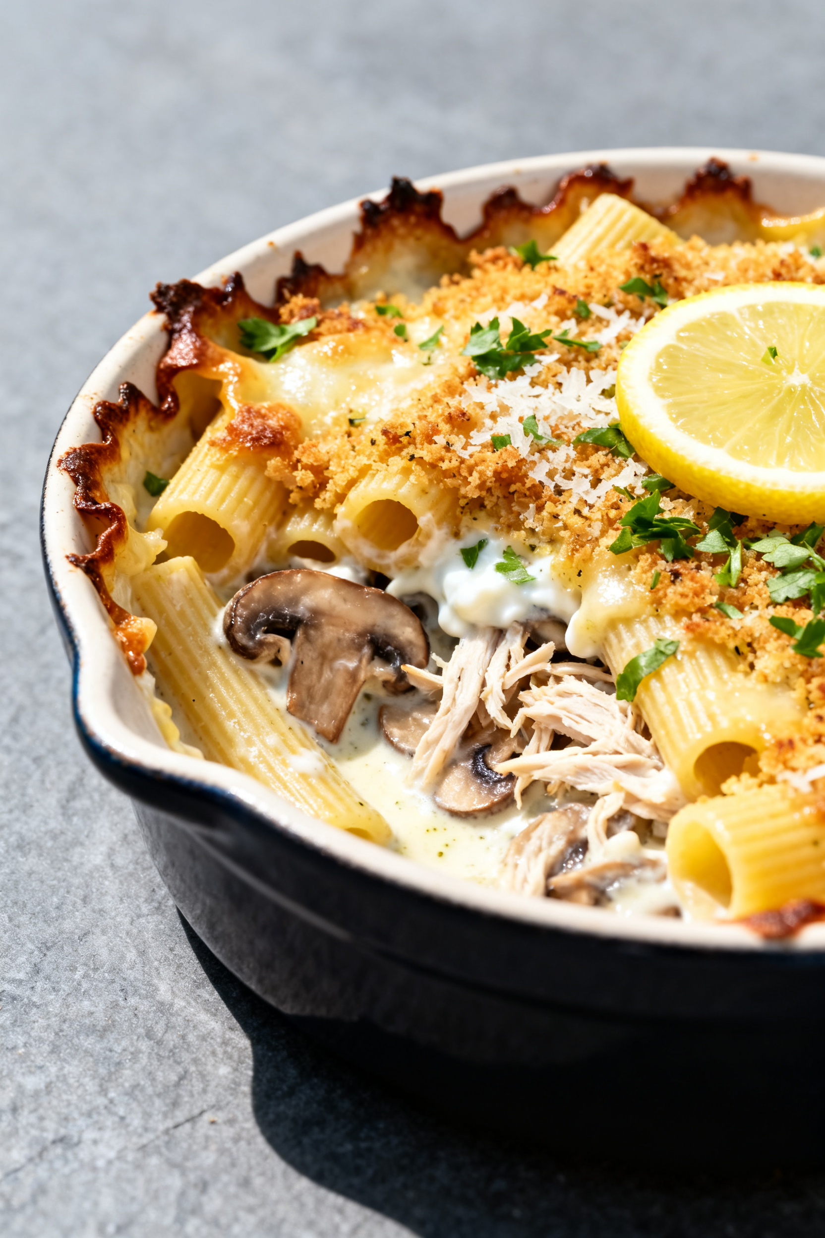 Final dish presentation — Creamy Baked Leftover Pasta: Close-up of a bubbling, golden-top baked pa