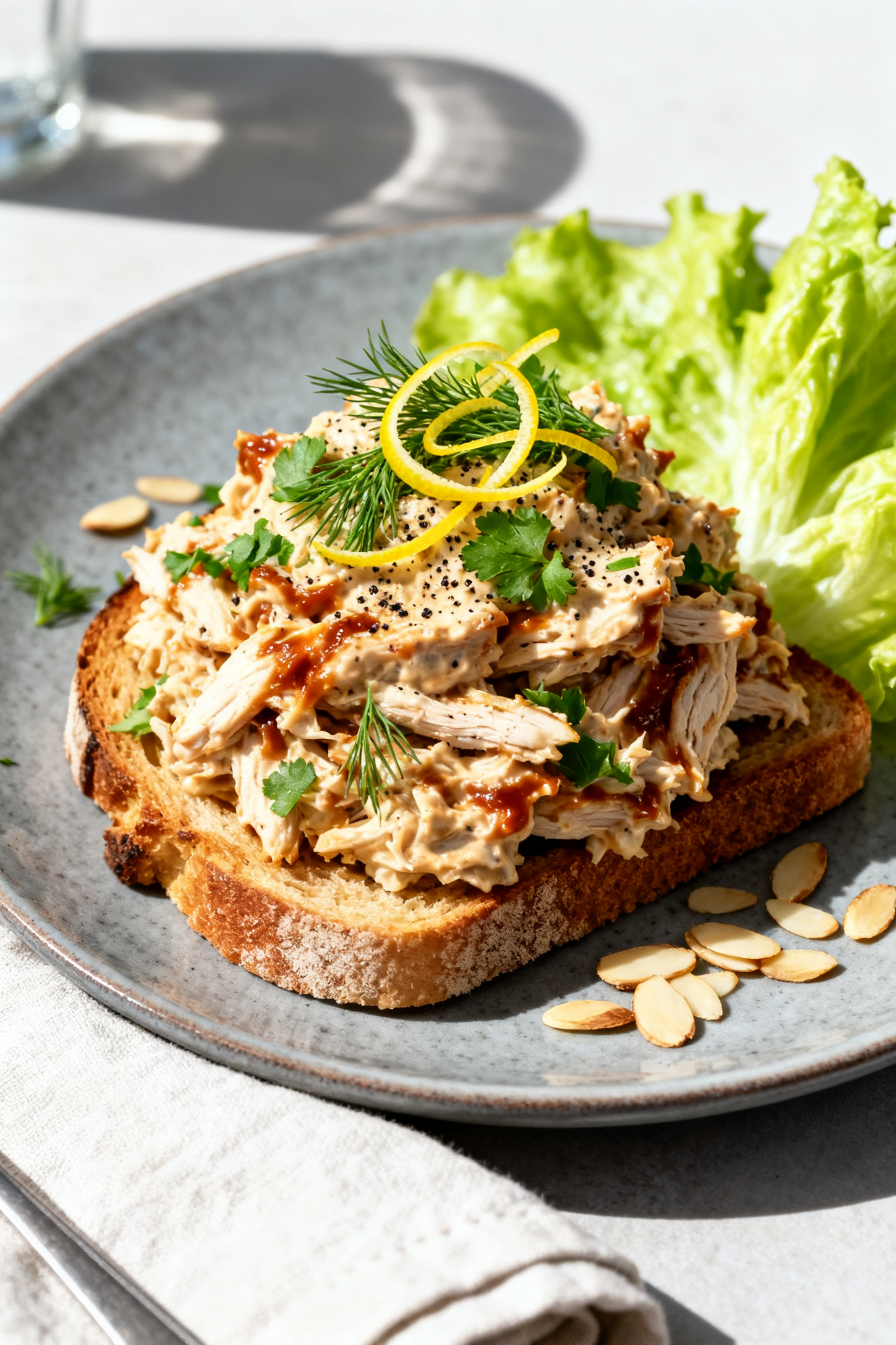 Summer BBQ Chicken Recipes — Leftover Chicken Salad on Repeat - A Fresh, Easy Favorite Final dish presentation: Creamy BBQ chicken salad piled high on toasted sourdough, open-faced, toppe