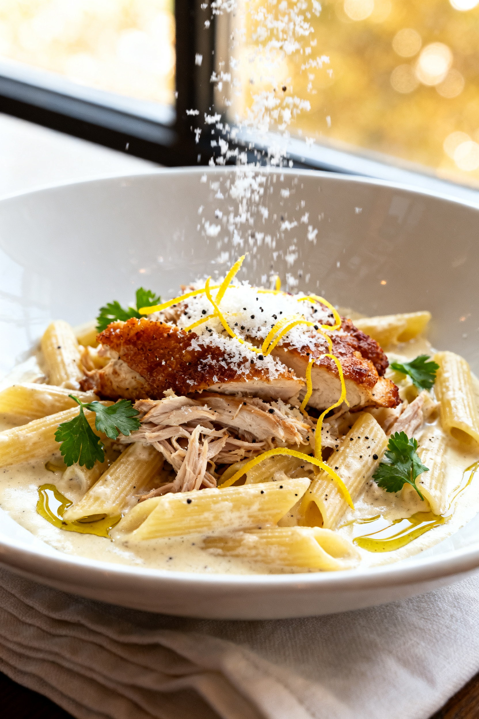 Final dish presentation: Creamy roast chicken pasta elegantly plated in a wide, shallow white bowl; 