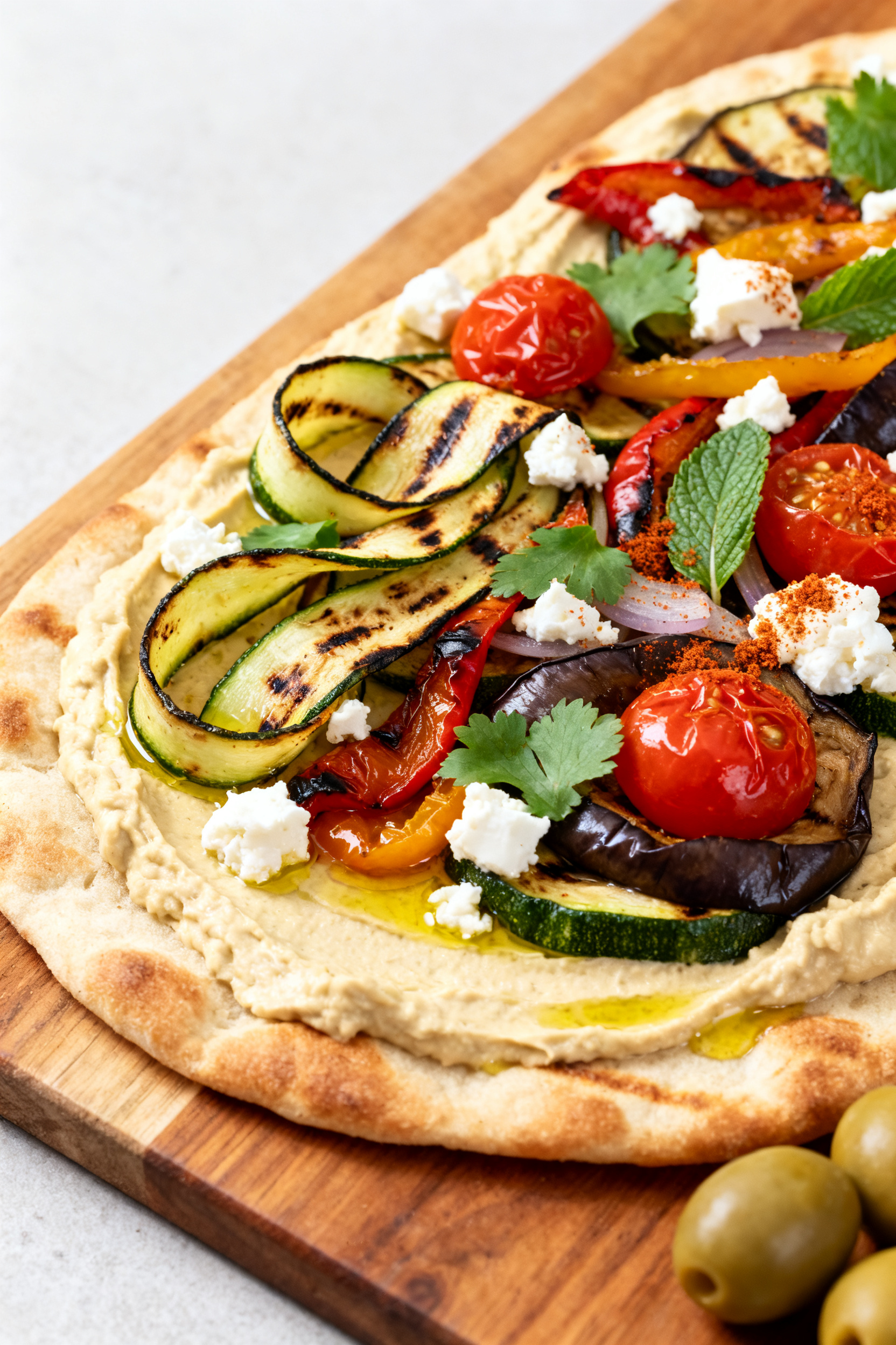Final dish presentation: Grilled vegetable flatbread on a wooden board—warm flatbread smeared with