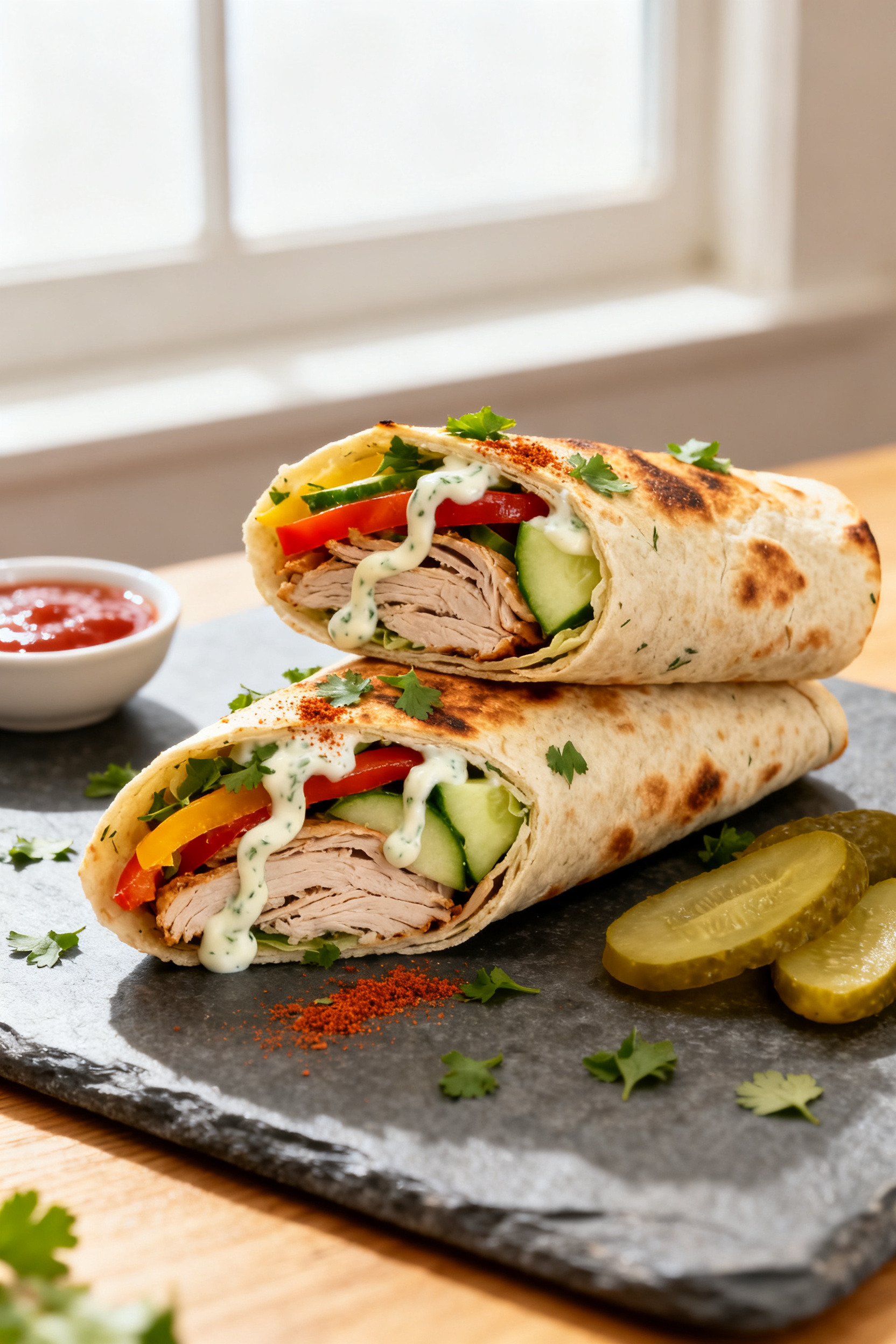 Final dish presentation: Herby Turkey Wraps sliced on a diagonal and stacked seam-side down, tortill