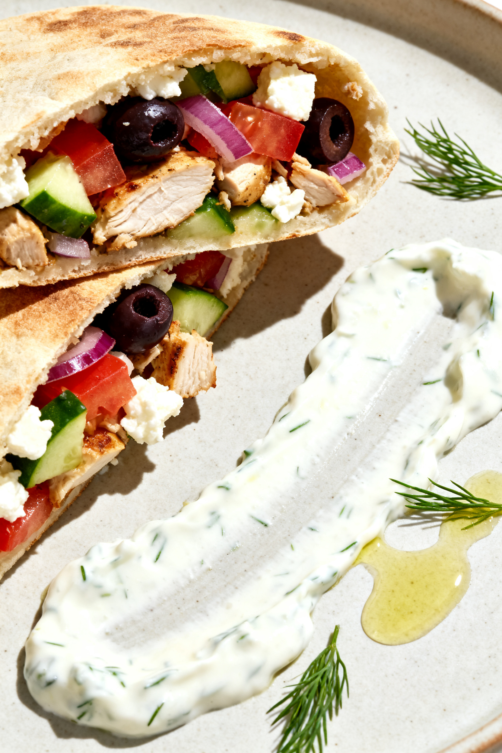 Final dish presentation: Mediterranean pita pockets stuffed with chopped chicken, cucumber, tomato, 