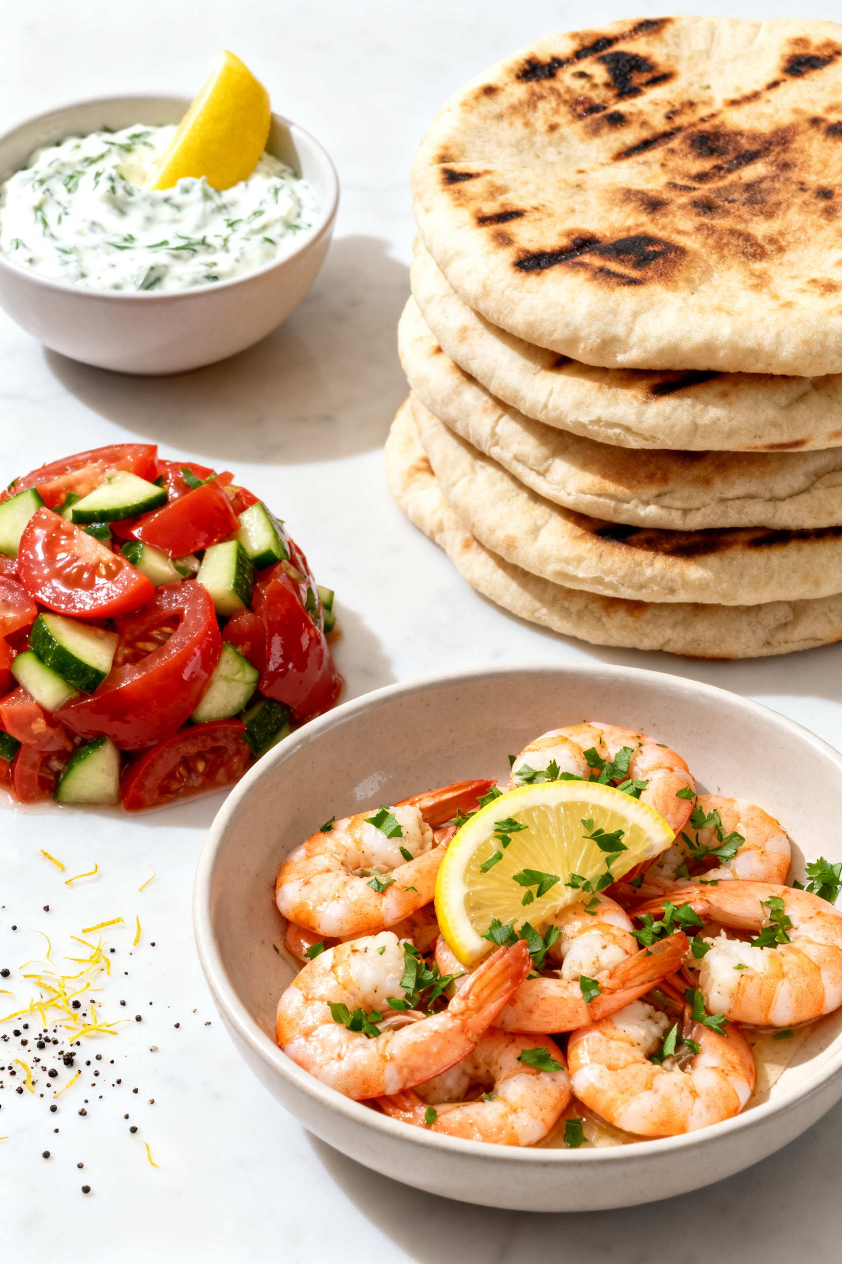 Final dish presentation: Mediterranean shrimp pita board for serving—warm pitas stacked and lightl