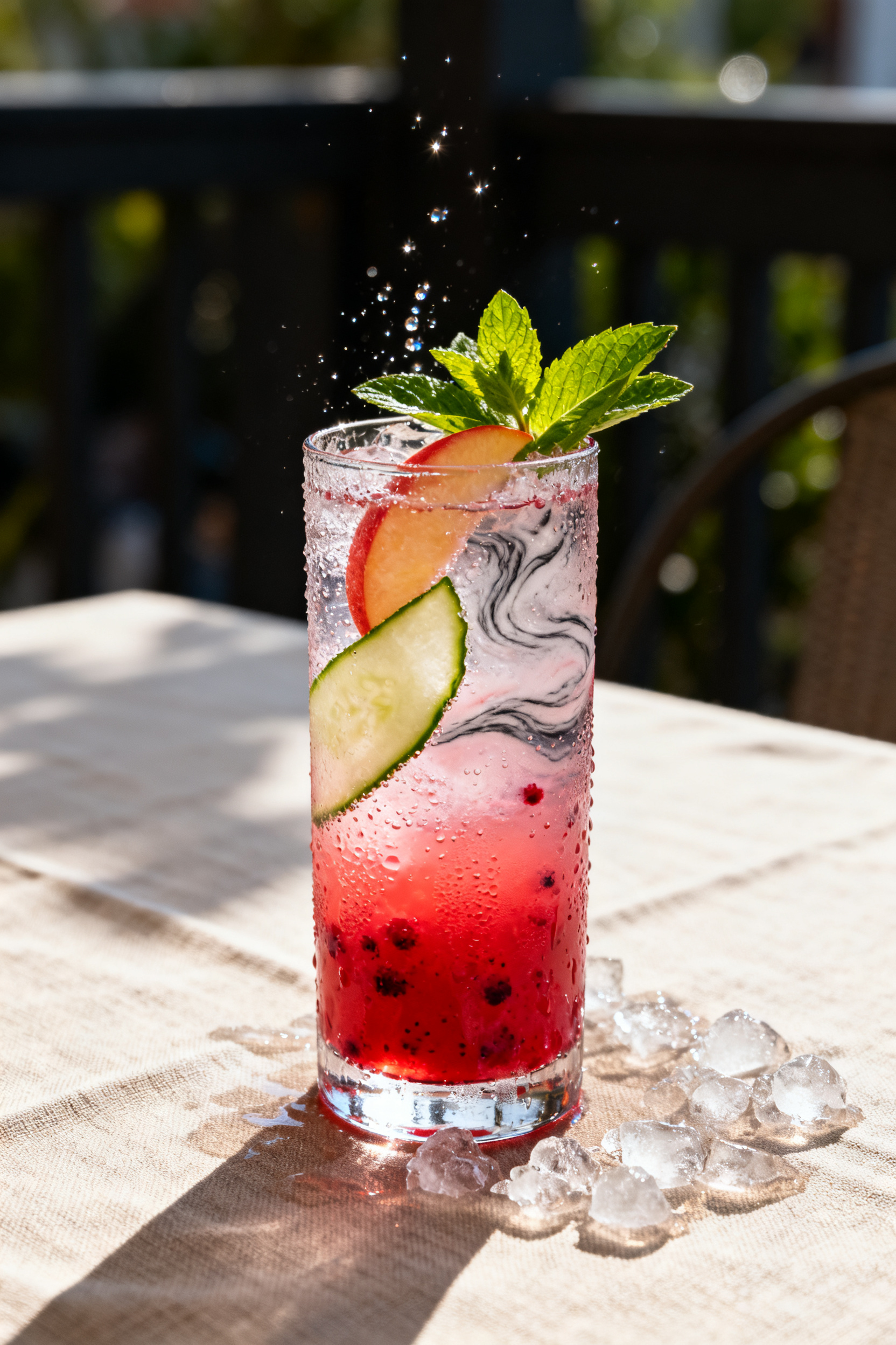 Final dish presentation: Restaurant-quality hero shot of a single “Summer Citrus-Berry Cooler” i