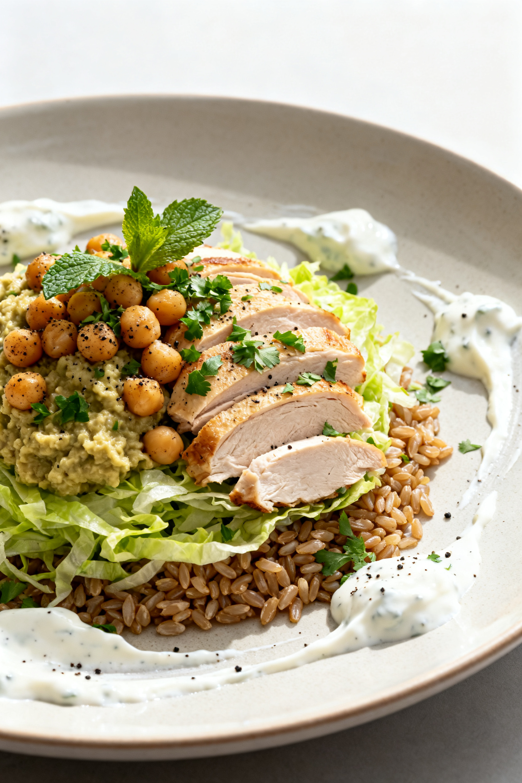 Final dish presentation: Restaurant-quality plated salad on a wide shallow plate—layers of shredde