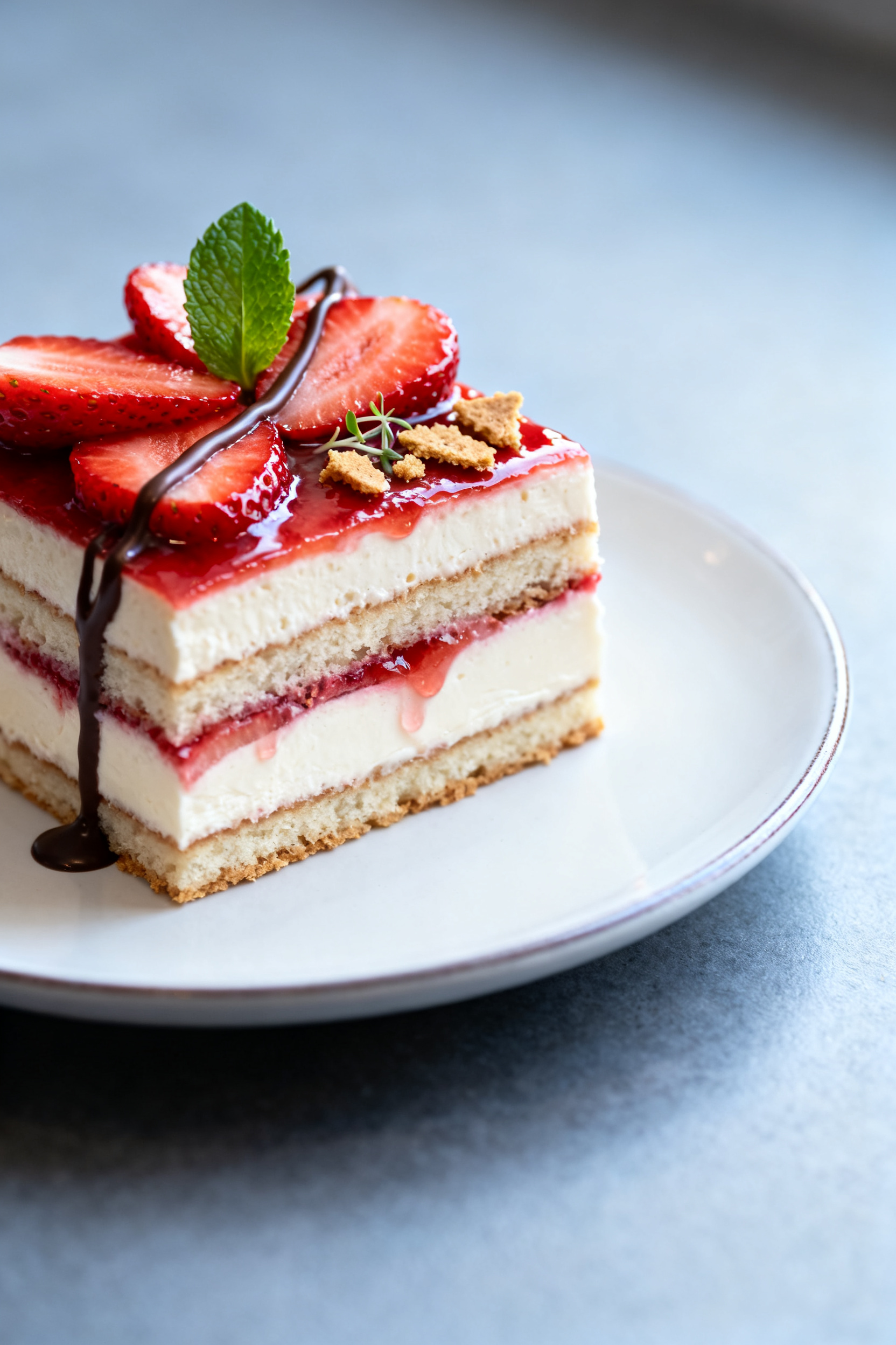 Summer Desserts — The Dessert Everyone Takes Seconds Of - No-Bake Strawberry Icebox Cake Final dish presentation: Restaurant-quality plated square of the no-bake strawberry icebox cake on a