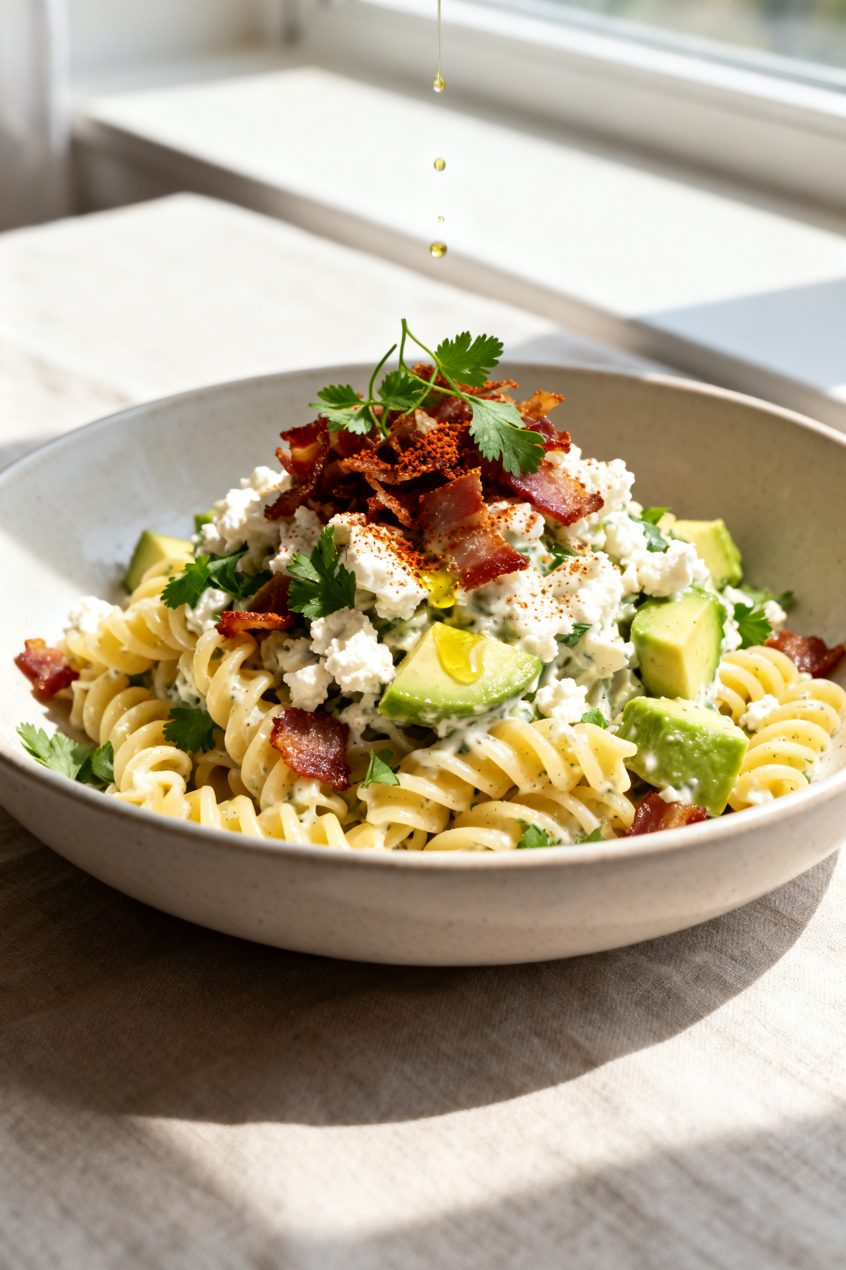 Final dish presentation: Restaurant-quality plated pasta salad in a shallow ceramic bowl, hero porti