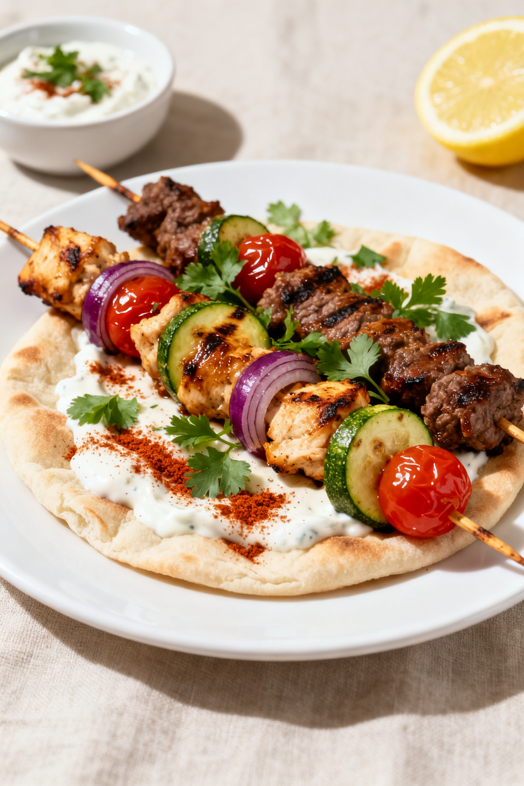 Final dish presentation: Restaurant-quality plated kebabs with a Mediterranean finish—skewers of l