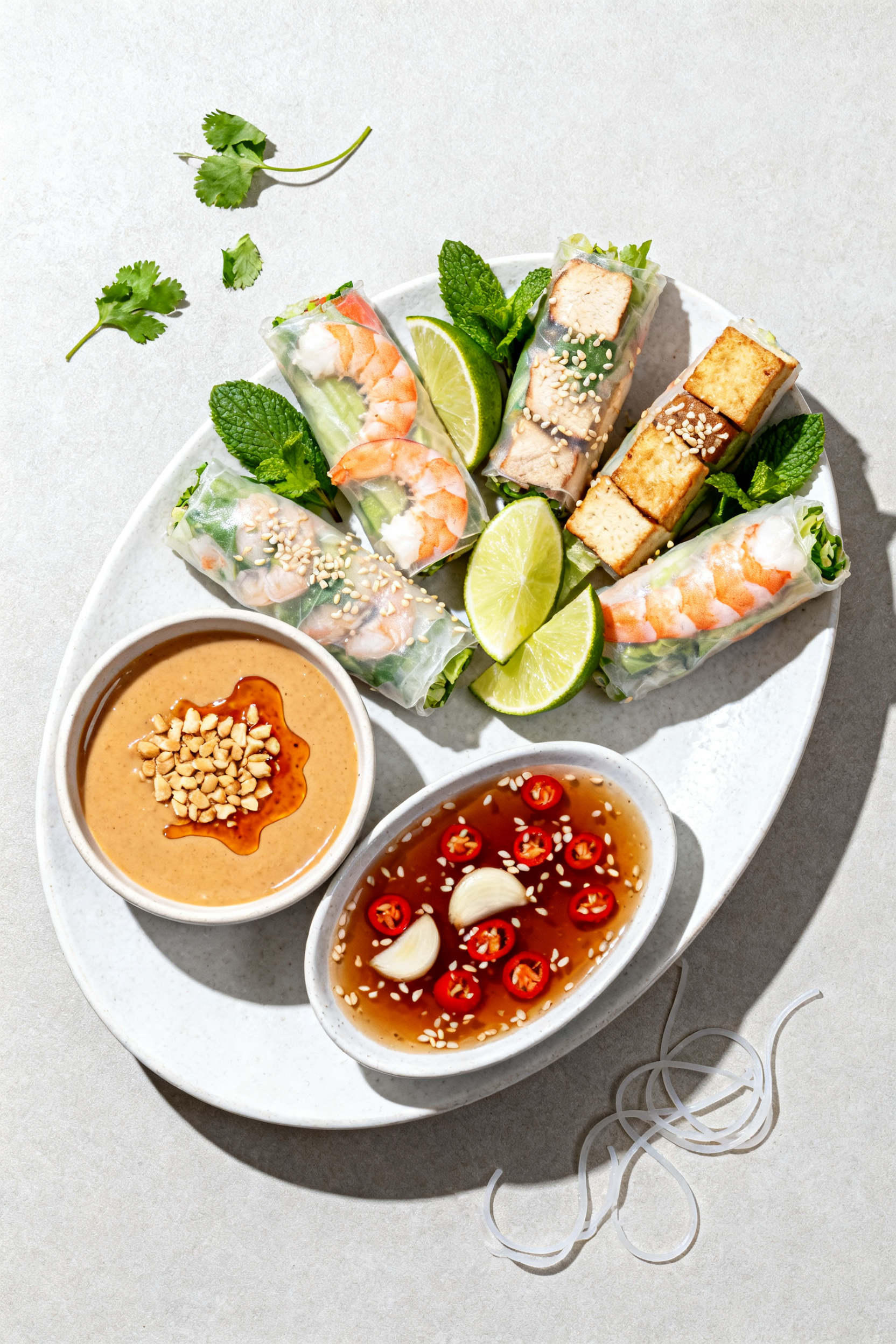 Final dish presentation: Restaurant-quality platter of assorted summer rolls (shrimp, chicken, and t