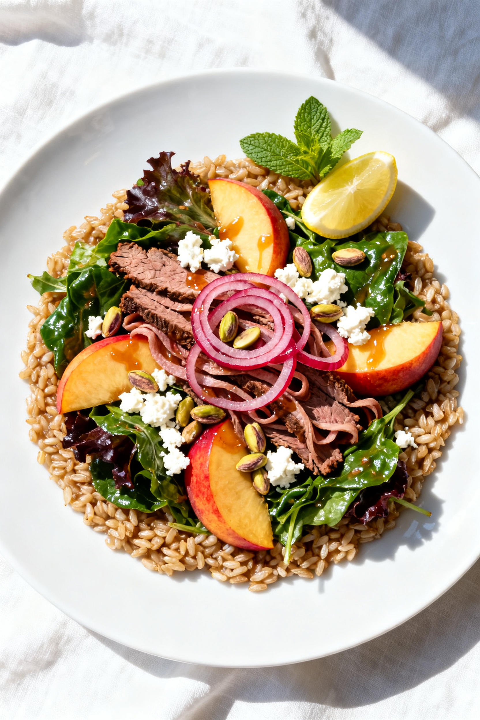 Summer Dinner Recipes — Leftover Roast Beef Empty Fridge Fix - A Quick, Bright Meal From What You’ve Got Final dish presentation: Restaurant-quality platter build—room-temp farro spread as the base, heap