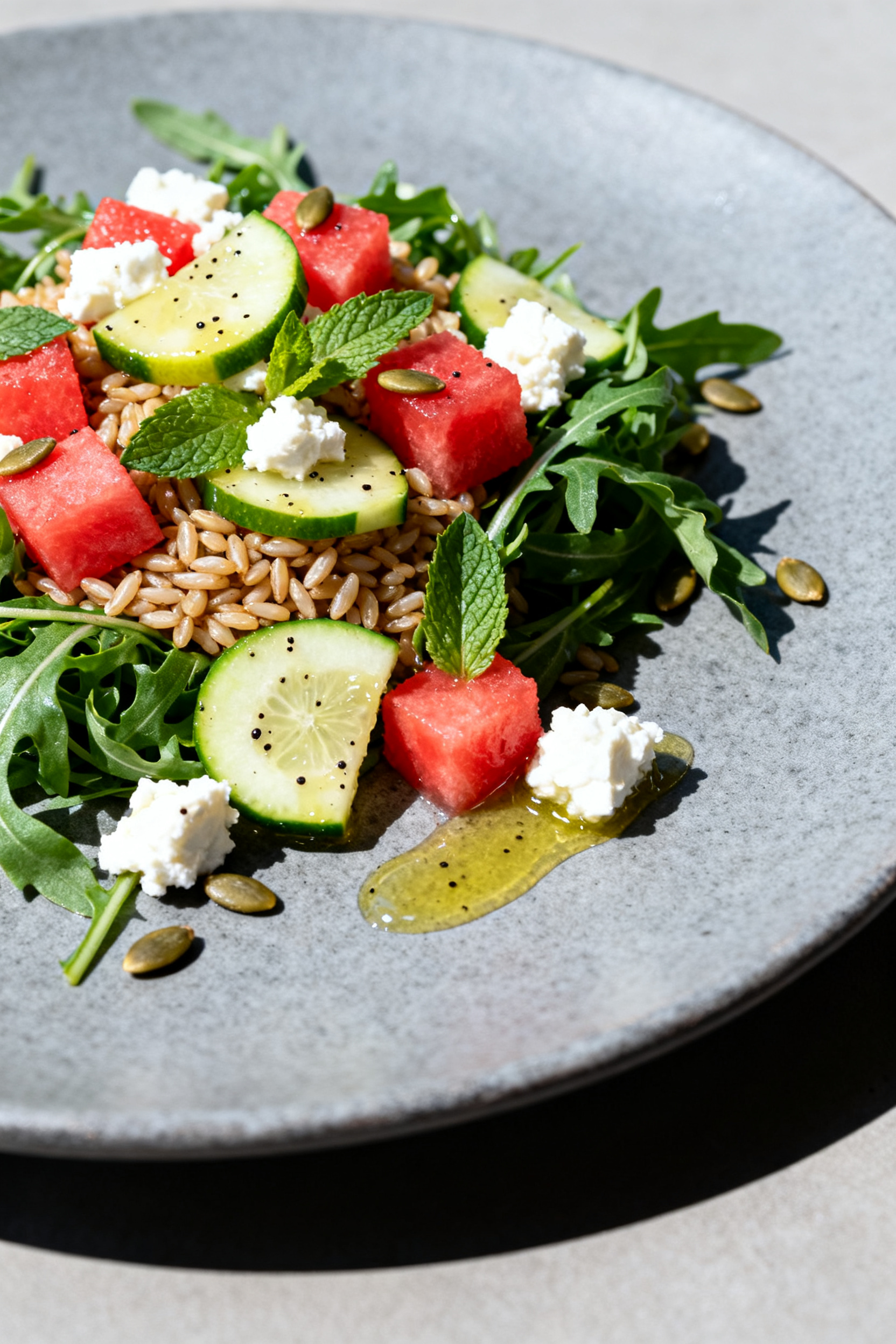 Final dish presentation: Restaurant-quality “Watermelon + Feta” summer salad—peppery arugula a