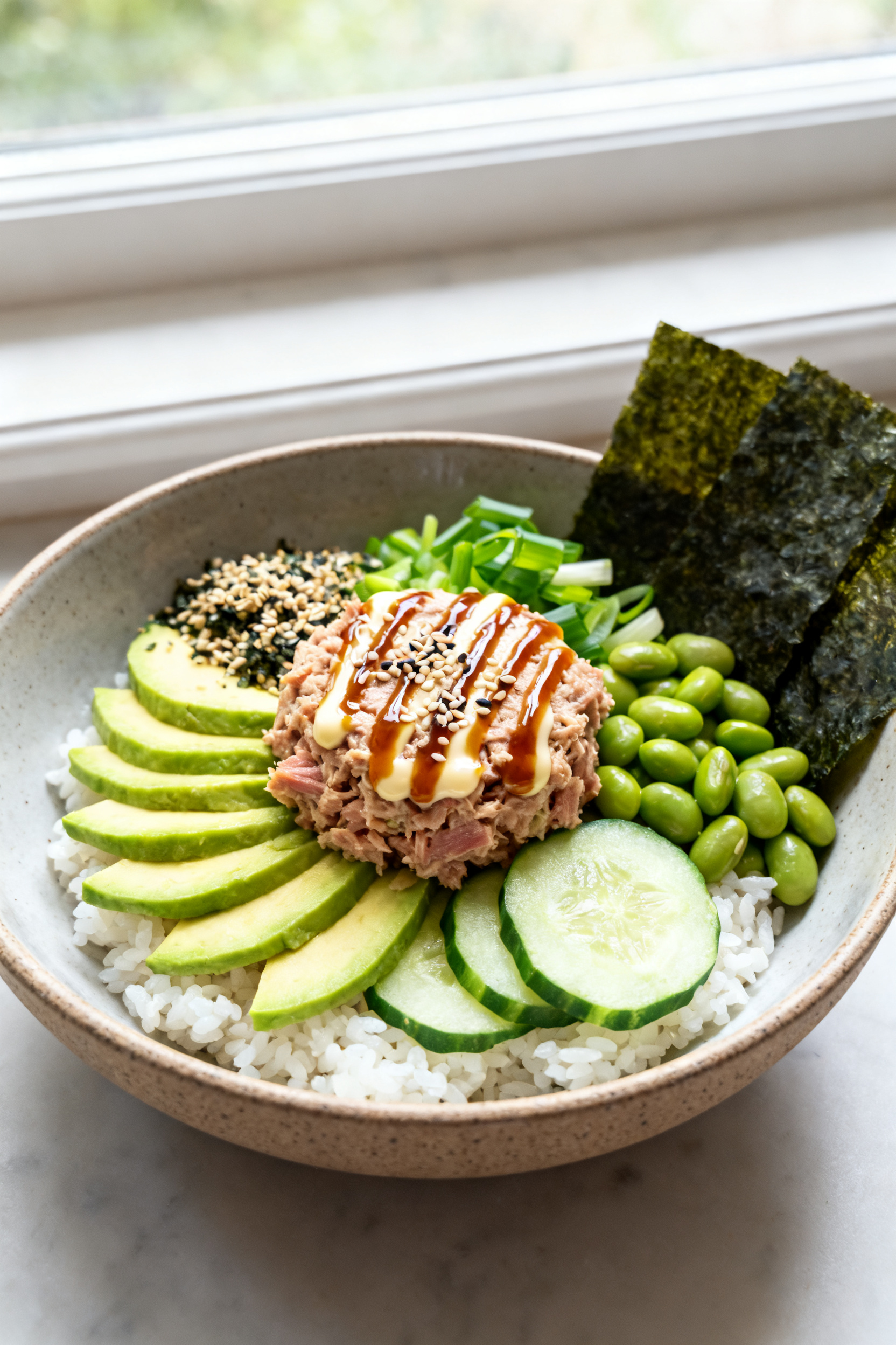 Final dish presentation — Sesame-Tuna Rice Bowls: Beautifully plated sesame-tuna rice bowl in a ma