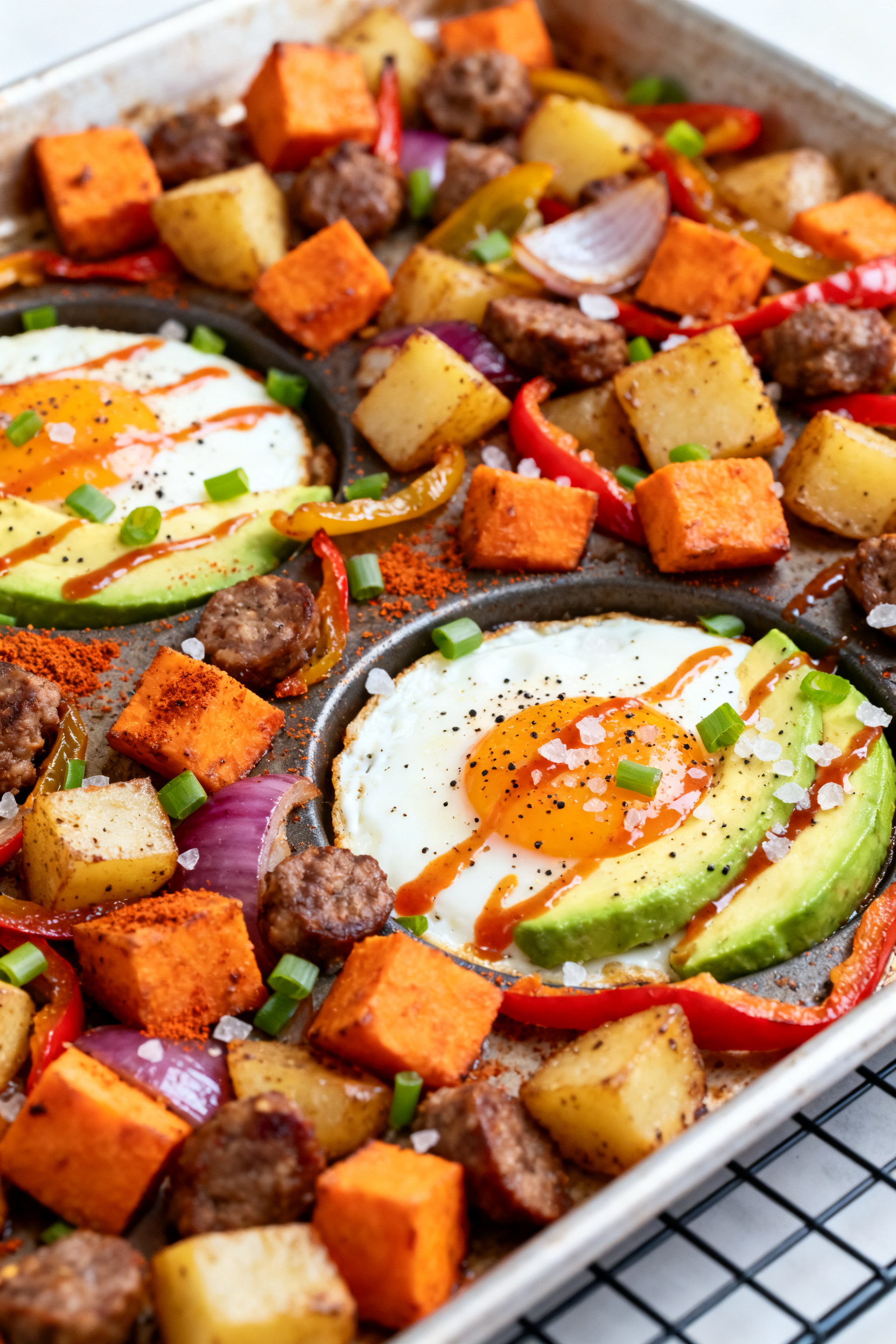 Final dish presentation – Sheet-Pan Leftover Hash with Eggs: Close-up three-quarter angle of a roa