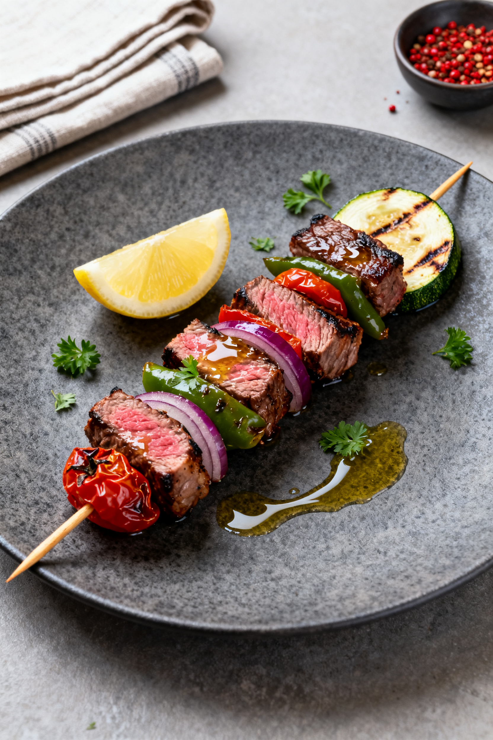 Final dish presentation: Single skewer plated bistro-style on a matte charcoal plate, steak pieces m