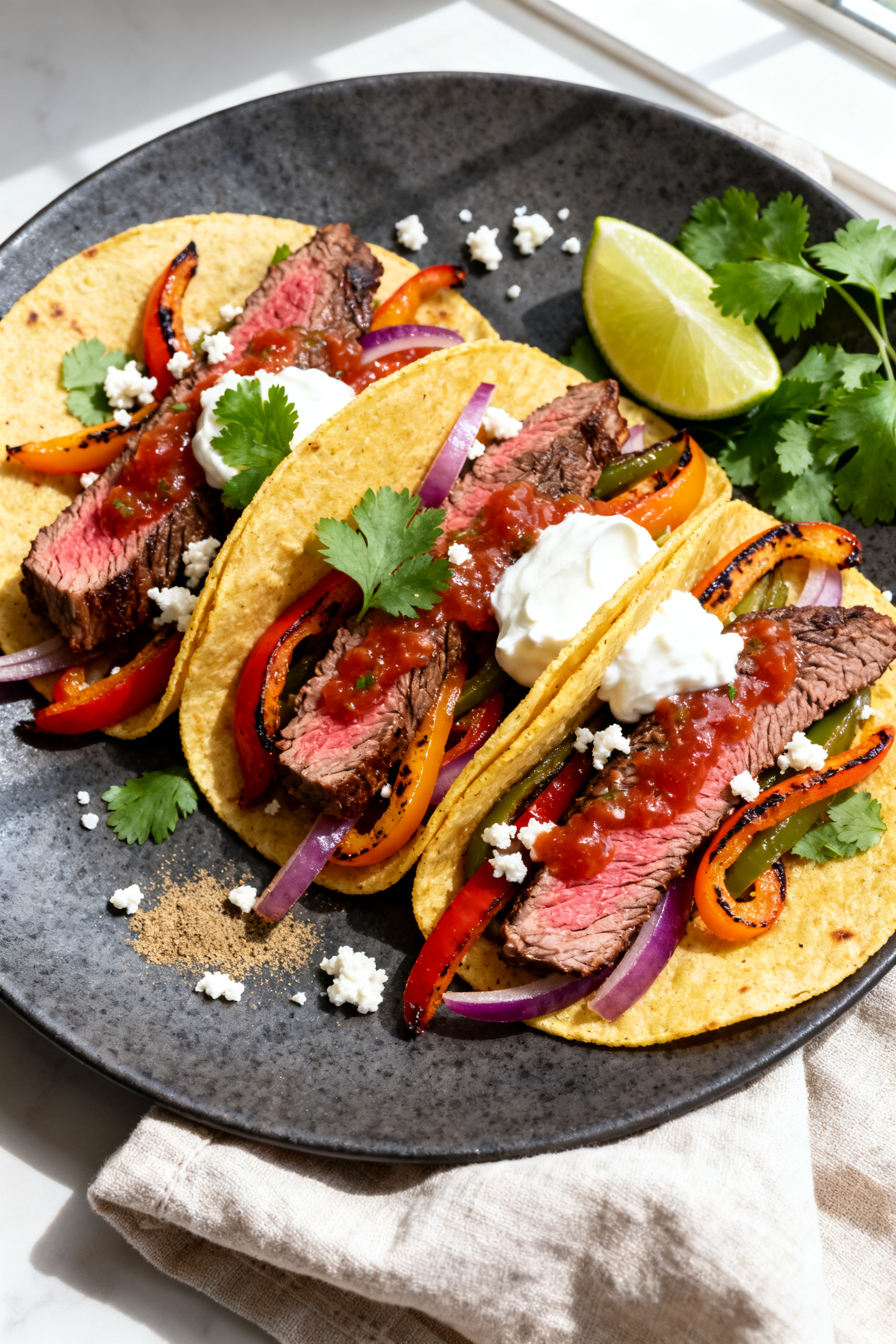 Grill Meals — 6 Summer Leftover Dinners From One Session - Easy Batch-Cooked Weeknight Wins Final dish presentation: Steak fajita tacos plated on a matte charcoal platter—warm corn tortillas