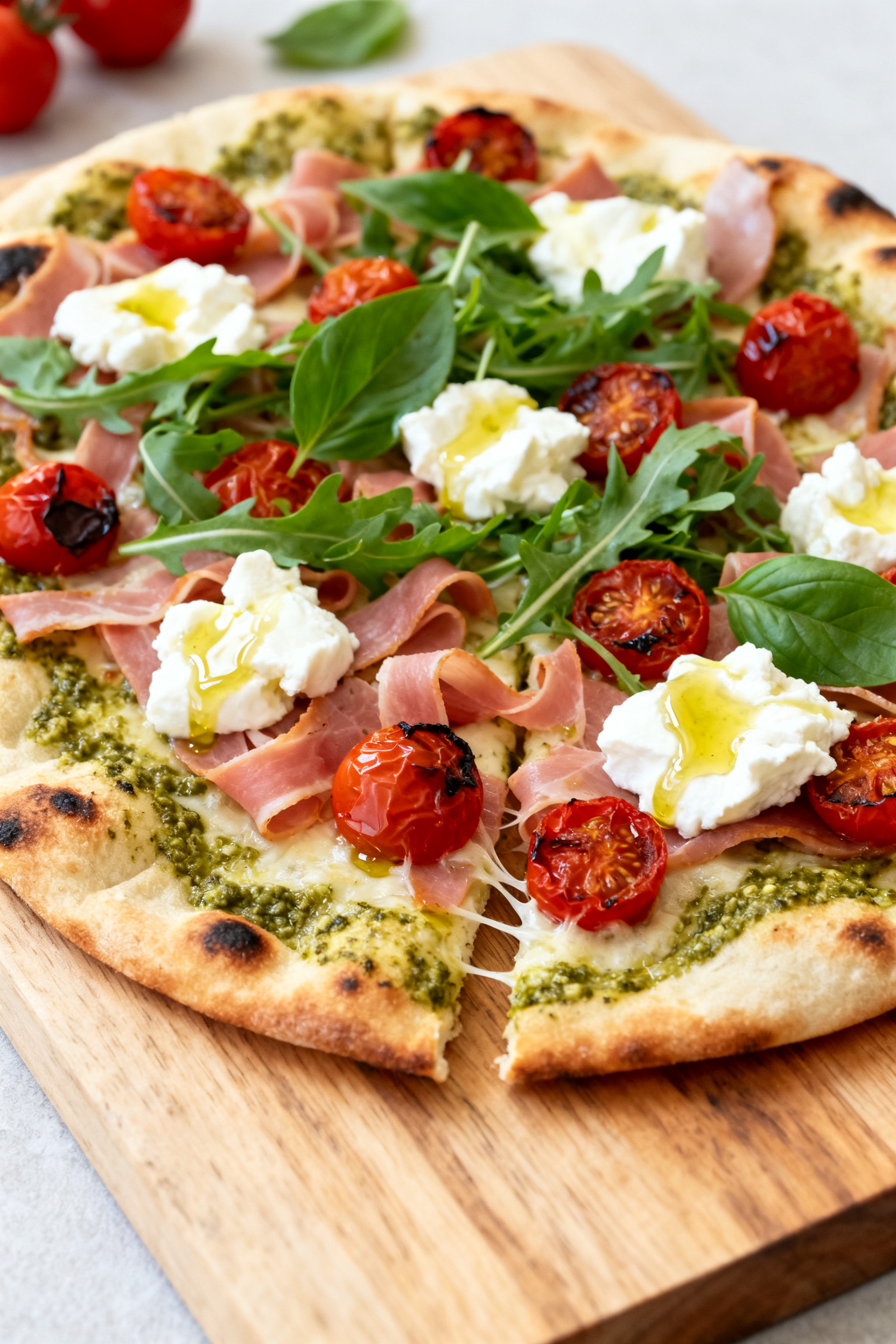 Final dish presentation: Summer Ham Flatbread on a wooden board—naan brushed with pesto, evenly sc