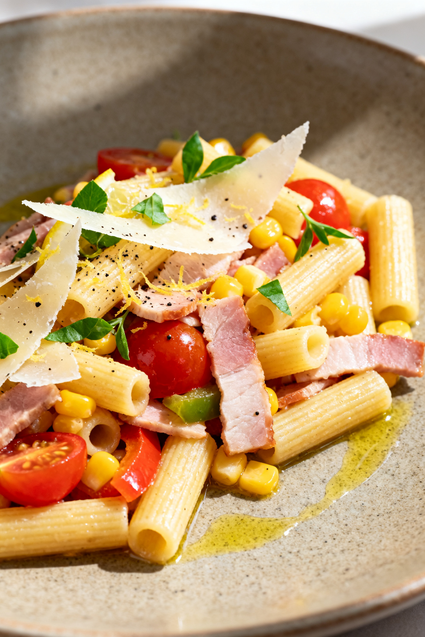 Final dish presentation — Summery pasta version plated restaurant-style: al dente short pasta toss