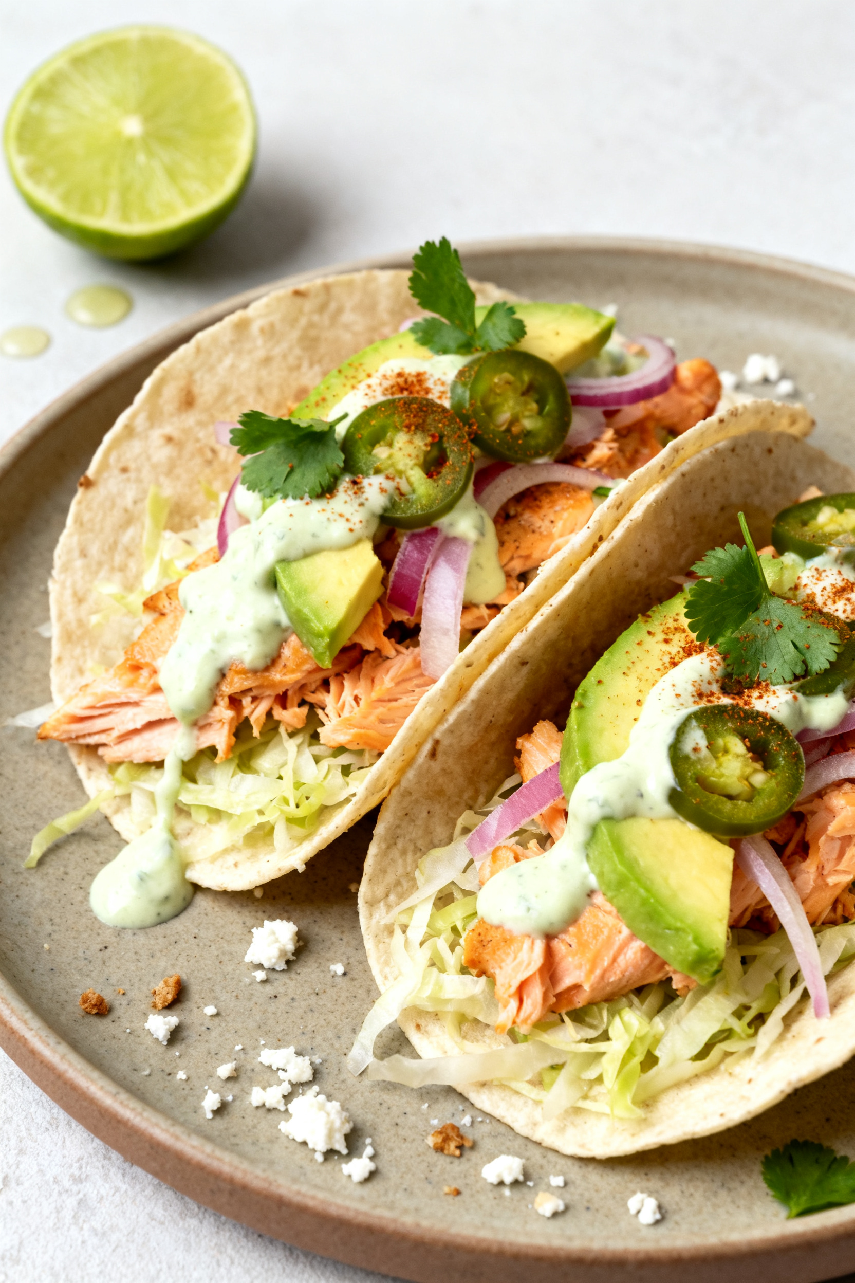 Final dish presentation: Two assembled salmon tacos on a matte ceramic plate—layer of crisp slaw, 
