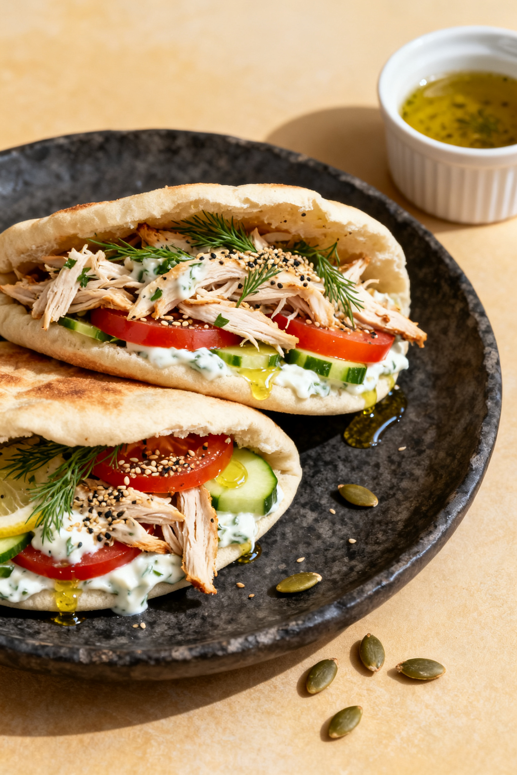 Zero Cooking. Full Flavor. Tonight. → "Leftover Rotisserie Chicken — Zero Cooking Full Flavor" - A Fast, Fresh Dinner You’ll Crave Final dish presentation: Warm pita stuffed with herby yogurt chicken—soft pitas opened and generou