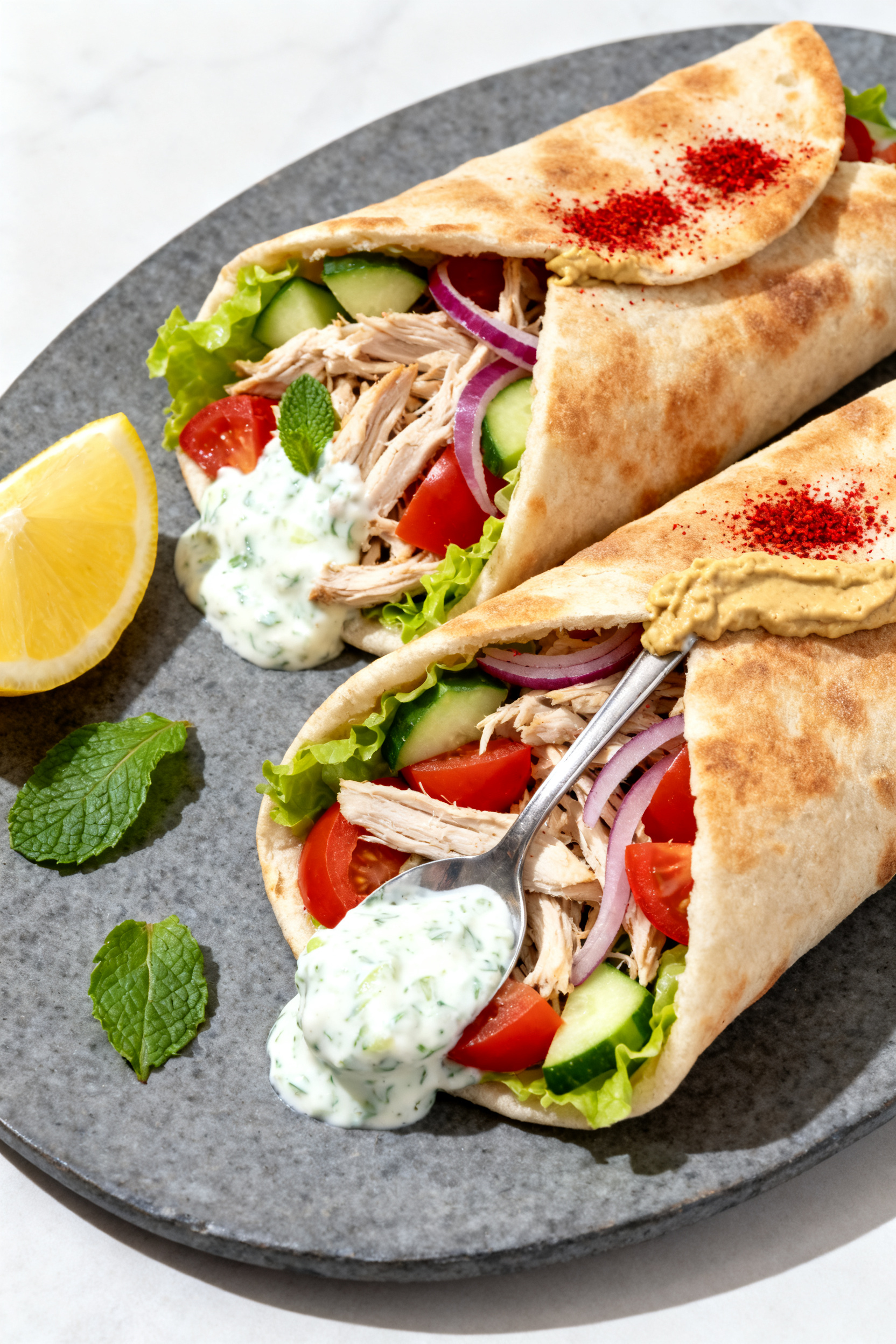 Final dish presentation — Yogurt-Herb Chicken Pita Wraps: Two warm pitas folded and snugly filled 