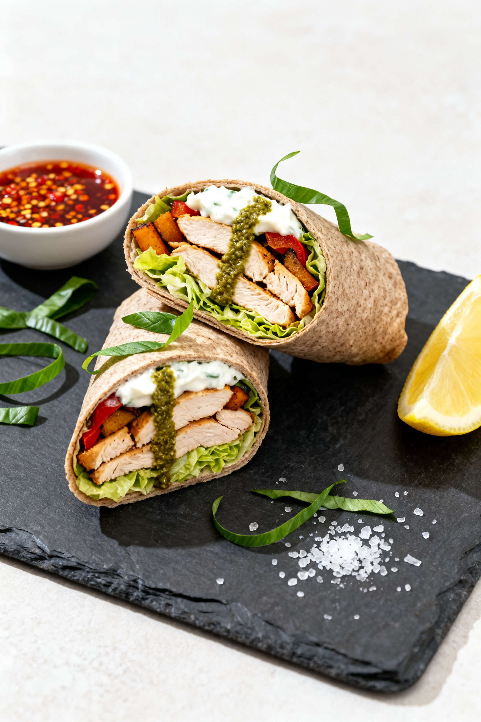 Final dish presentation — Zesty Chicken Wraps: Beautifully plated wrap halves, tightly rolled whol