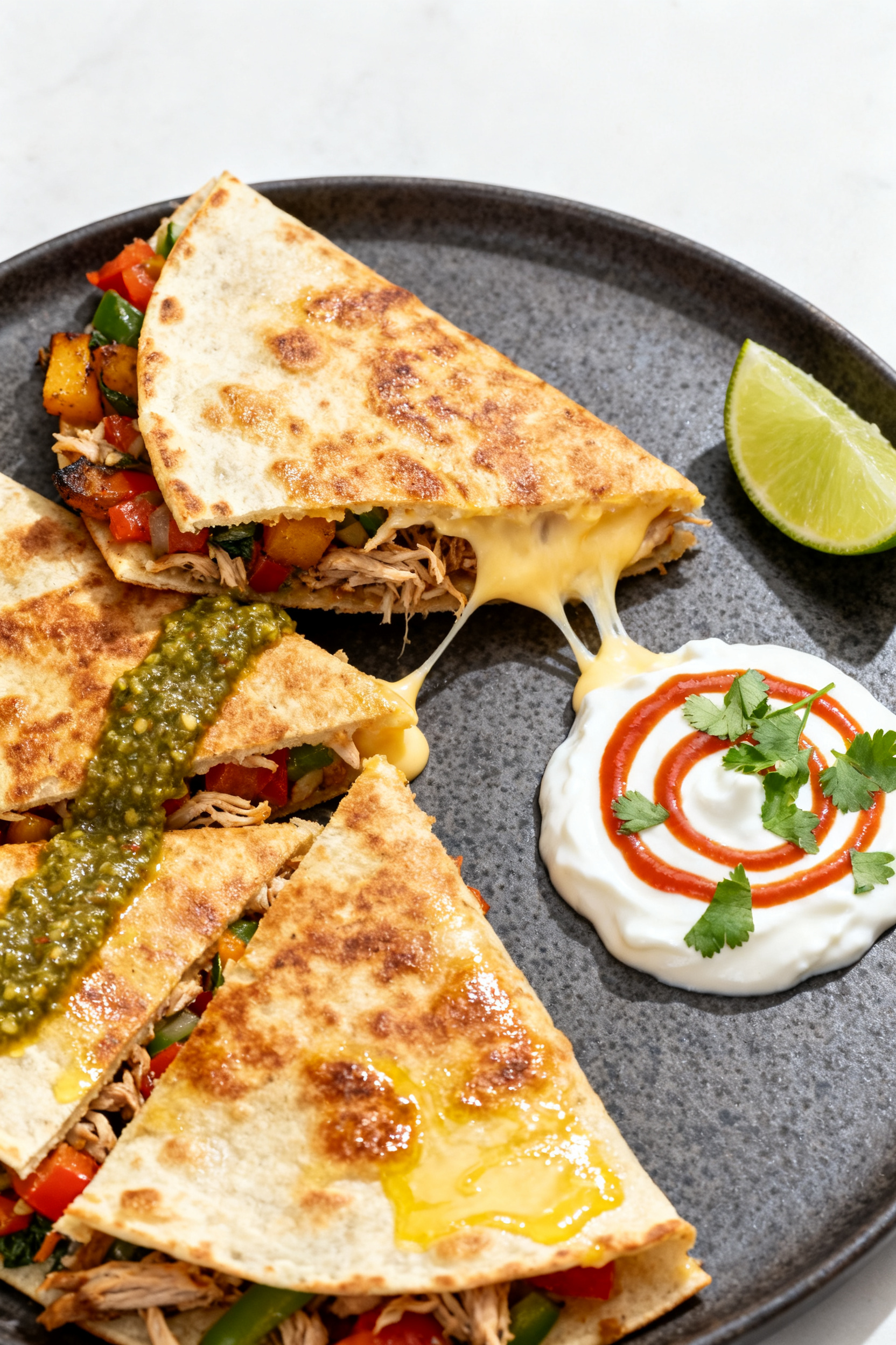 Leftover Recipes — Day 2 Hits Different Every Time - Simple, Practical Ways to Love Your Leftovers Final dish — Quesadilla flip: Beautifully plated crispy quesadilla wedges on a matte charcoal plat