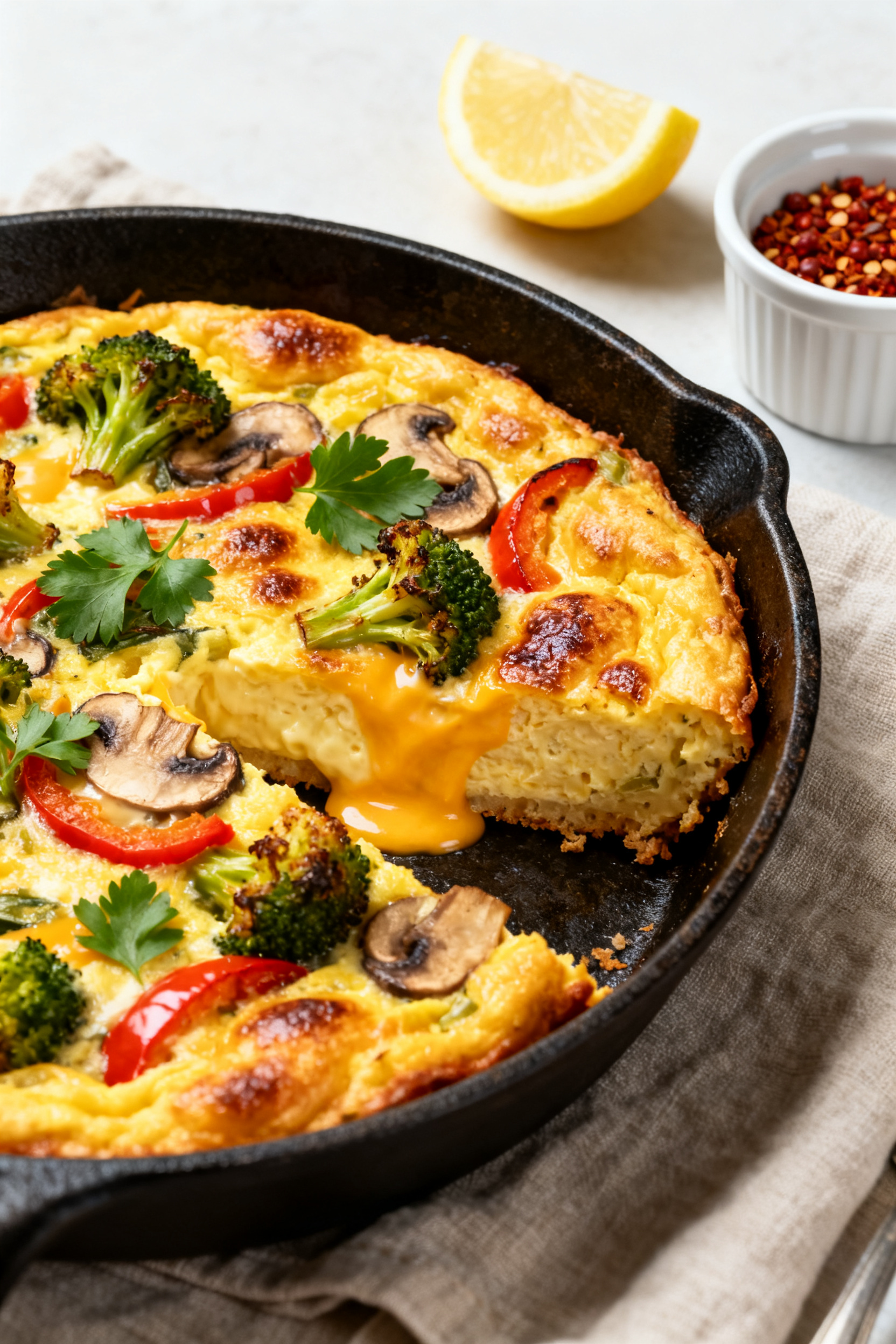 Leftover Food Ideas — Stop Throwing Money in the Trash - Simple, Smart Ways to Reuse What You Have Final dish — Roasted Veg Frittata: Golden, puffed frittata in an oven-safe cast-iron skillet, stud