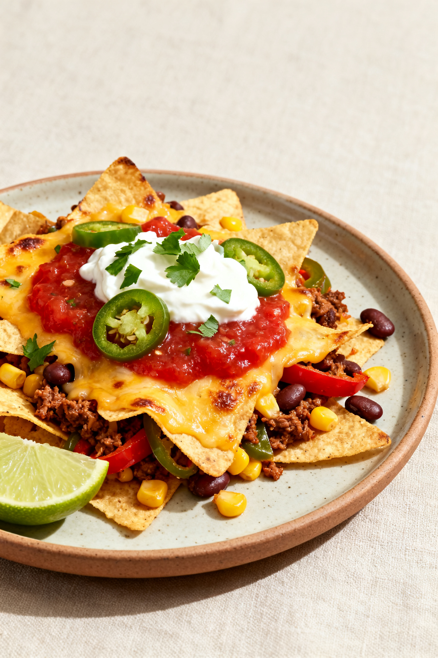 Final dish — Sheet-pan nachos loaded with leftover taco meat and beans: golden, blistered cheese d