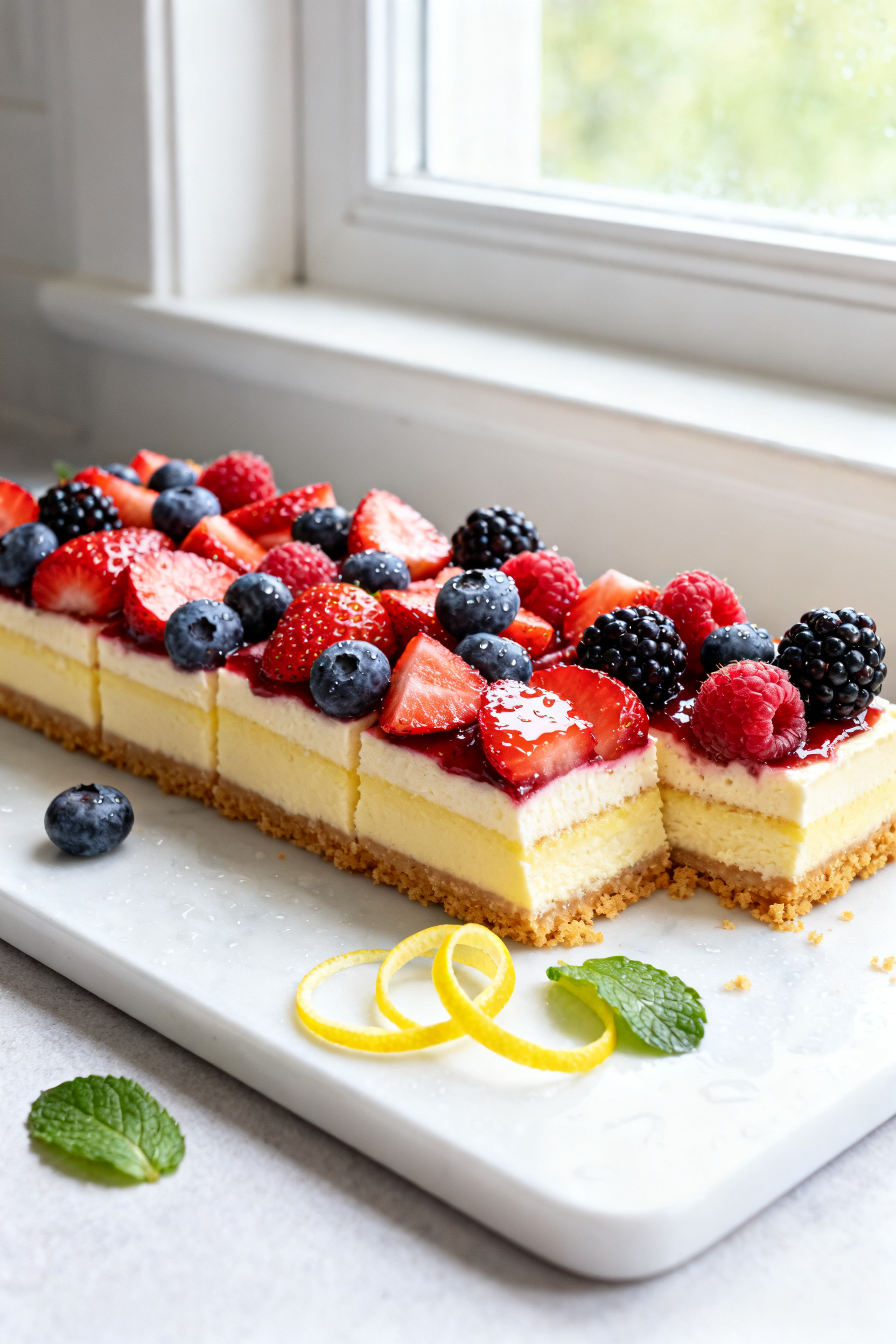 Final dish: Sliced no-bake lemon cheesecake mousse bars topped with a glossy mosaic of fresh strawbe