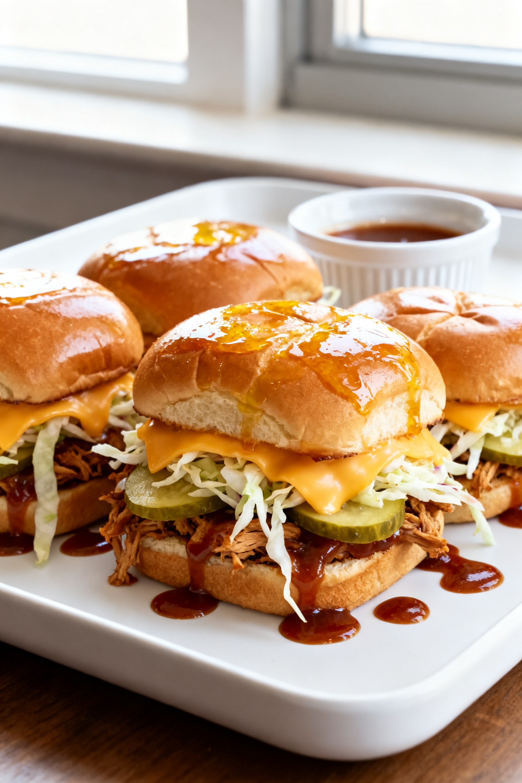 Final dish slider presentation: BBQ chicken sliders on a sheet of golden, just-baked Hawaiian rolls,