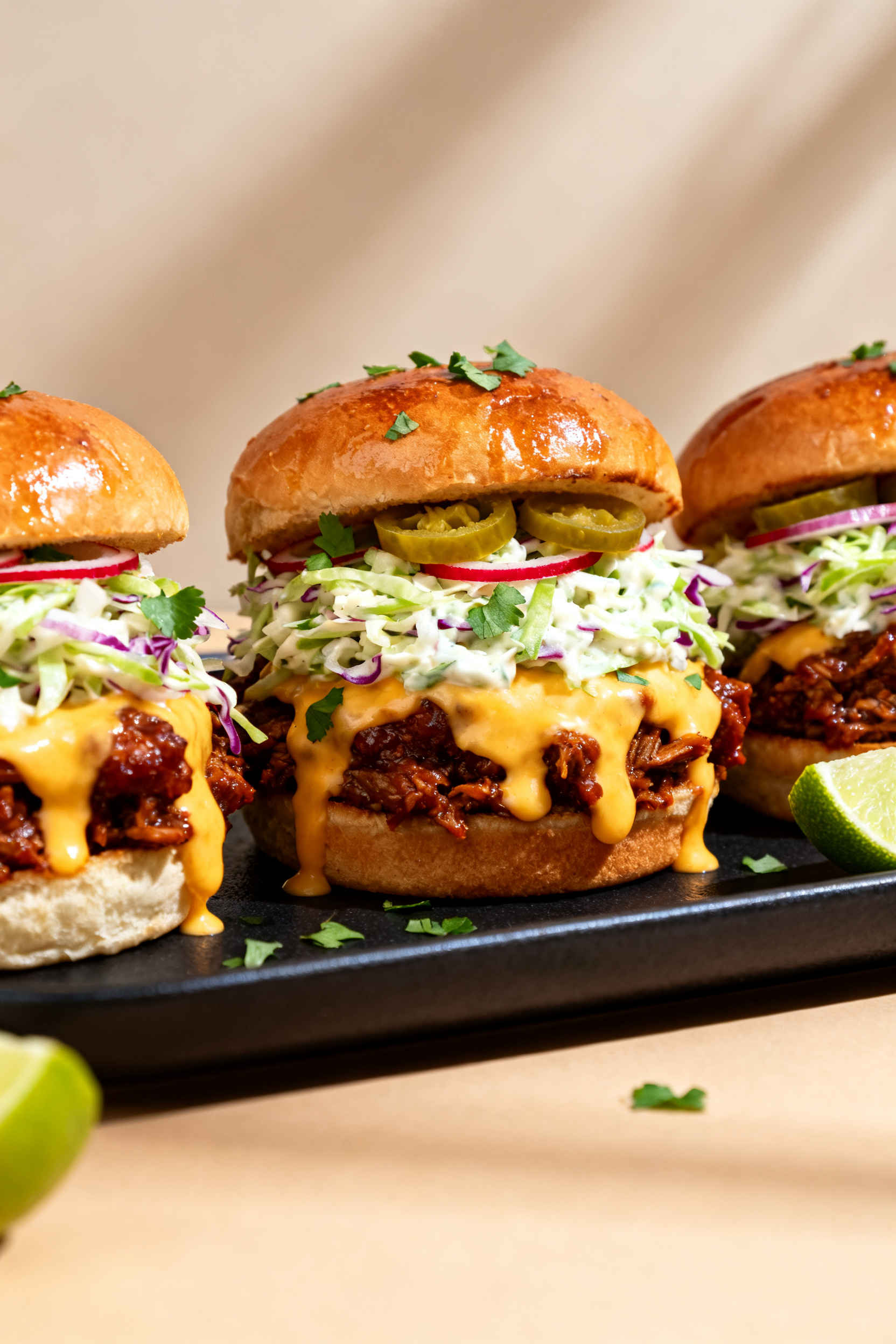 Final dish, sliders: Three BBQ taco meat sliders on a matte black tray, buns lightly toasted and gli