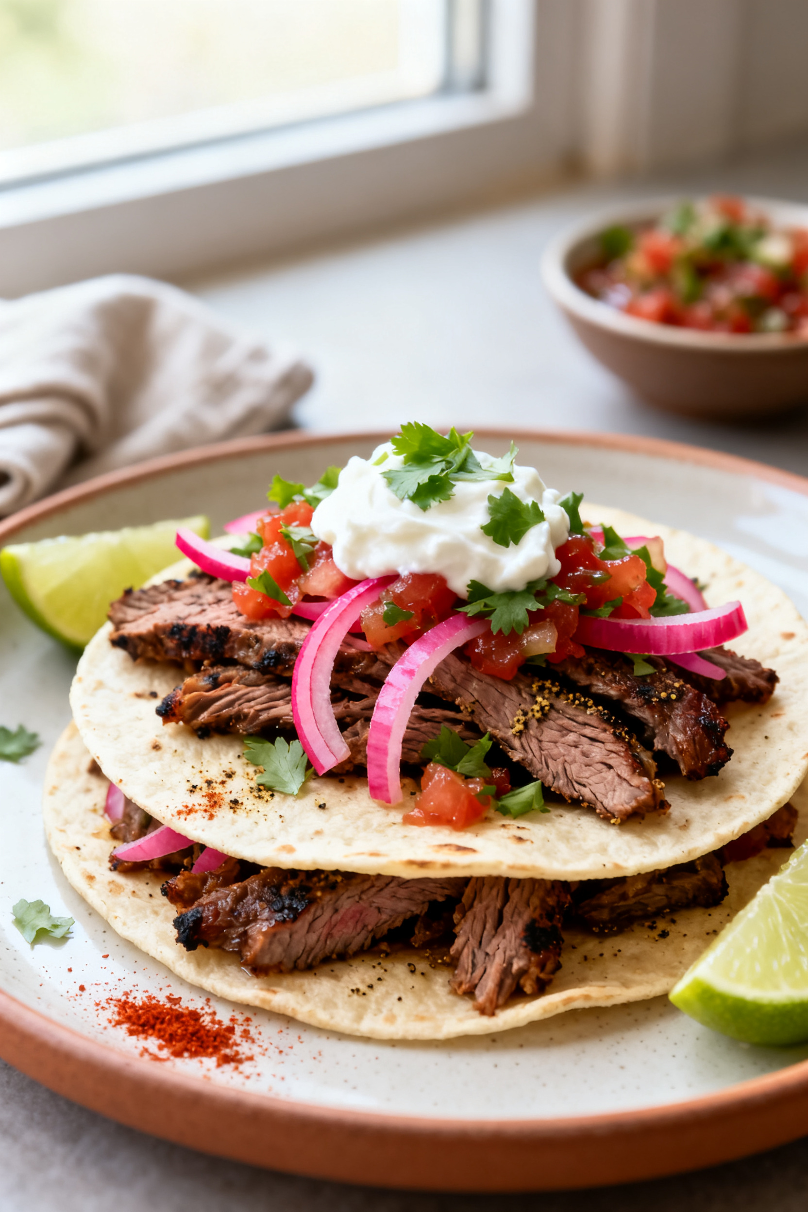 Grilled Food Recipes — 8 Ways to Use BBQ Leftovers All Week - Easy, Flavor-Packed Ideas Final dish — Smoky tacos plated: Two flour tortillas stacked with thin-sliced leftover steak warme