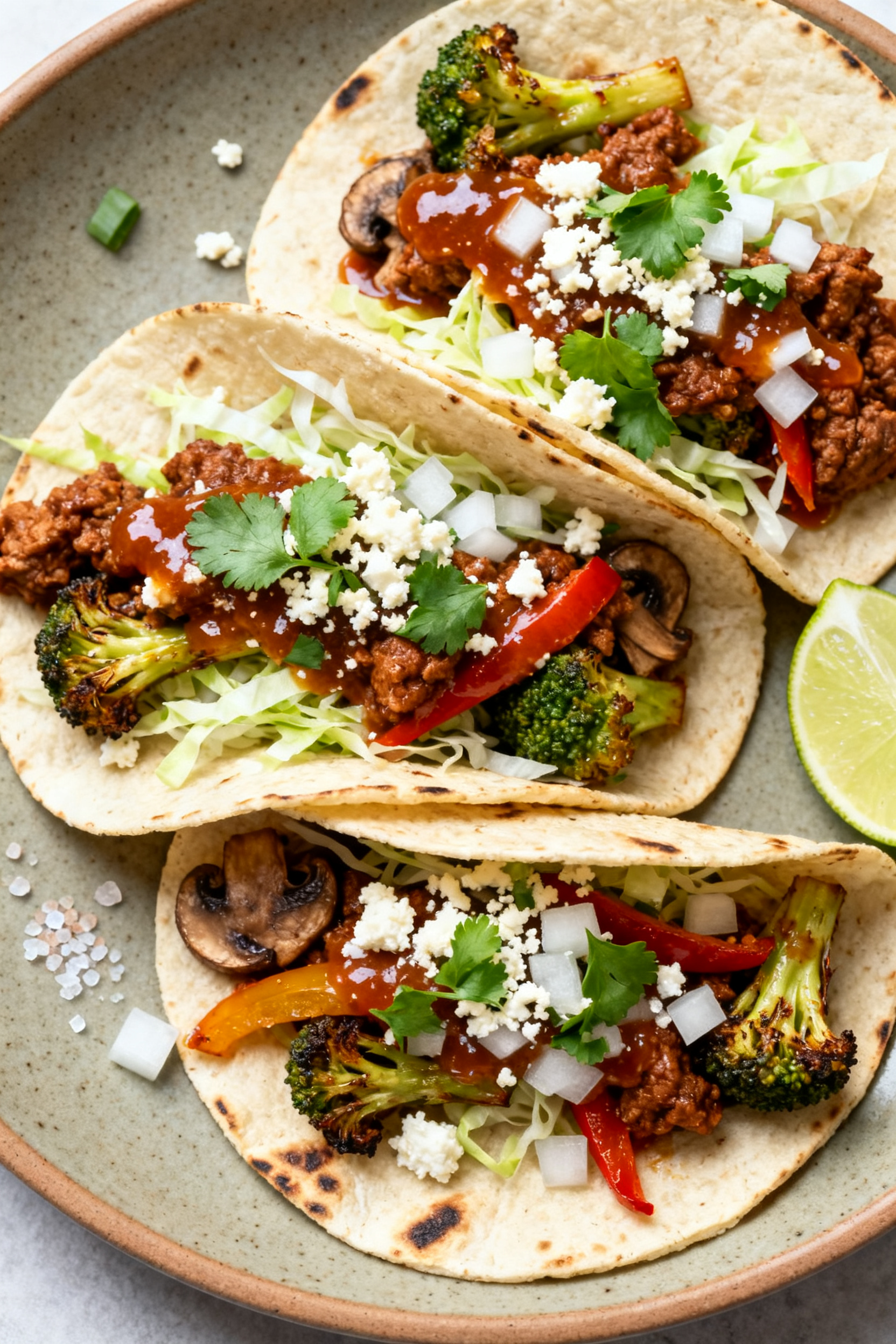 Final dish — Street-style tacos plated: Three assembled tacos on a matte ceramic plate—soft, lig
