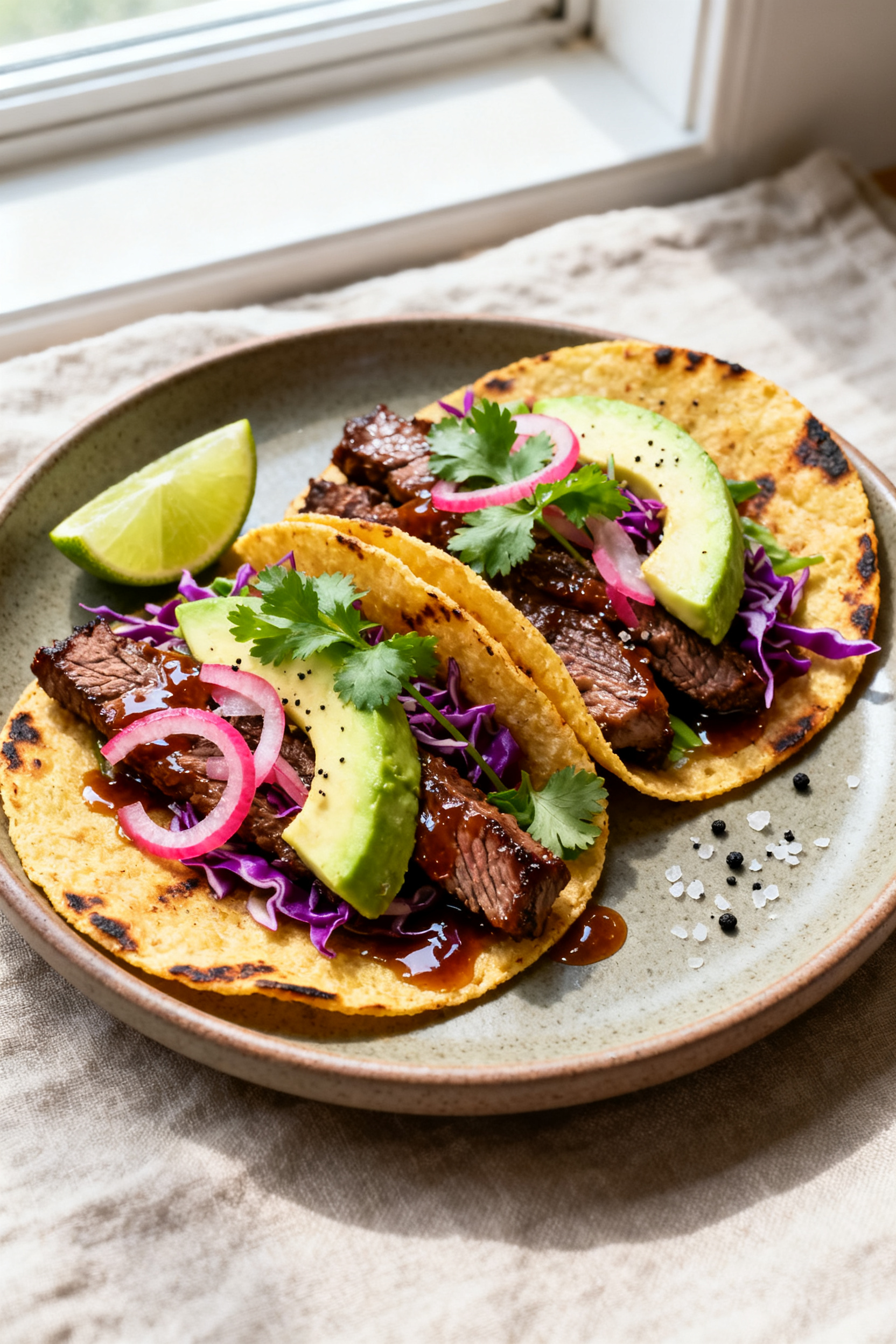 Final dish, tacos/wraps: Two warm charred corn tortillas filled with glazed steak strips, creamy avo