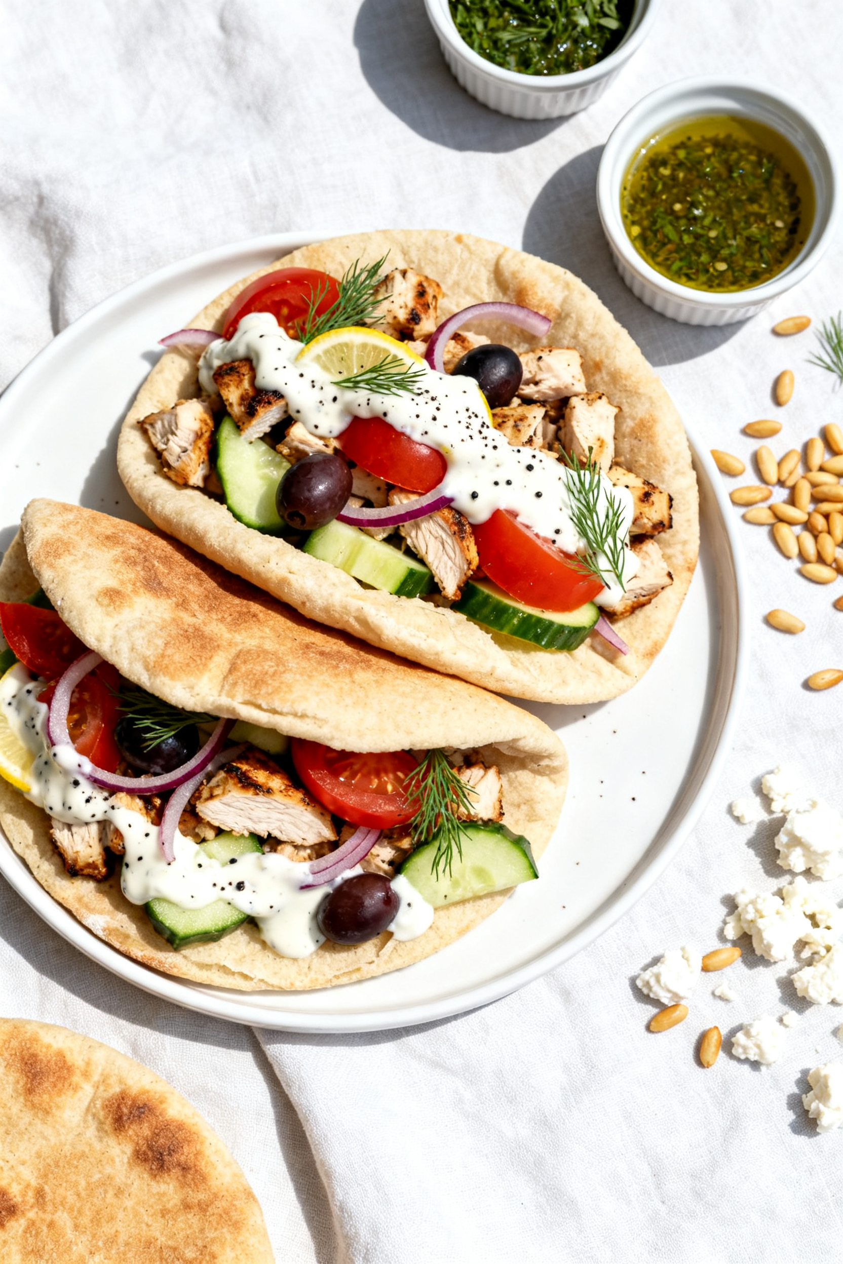 Final dish, tasty top view: Mediterranean pita wrap platter, overhead—warm pitas stuffed with chop