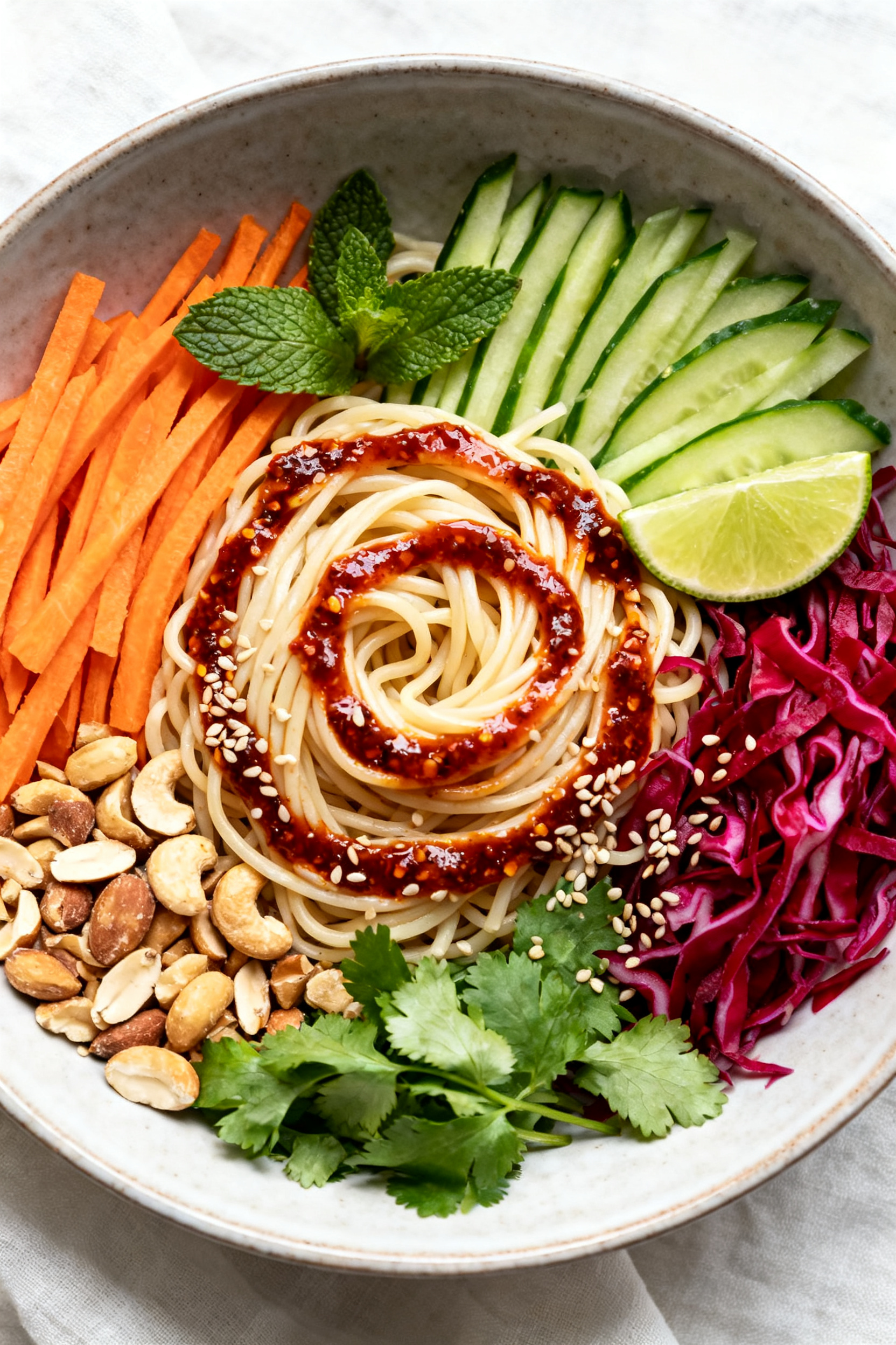 Cold Noodles That Actually Fill You Up → Summer Dinner Recipes — Cold Noodles That Fill You Up Final dish top view: Fully assembled cold noodle bowl, beautifully plated with twirled noodles, neat