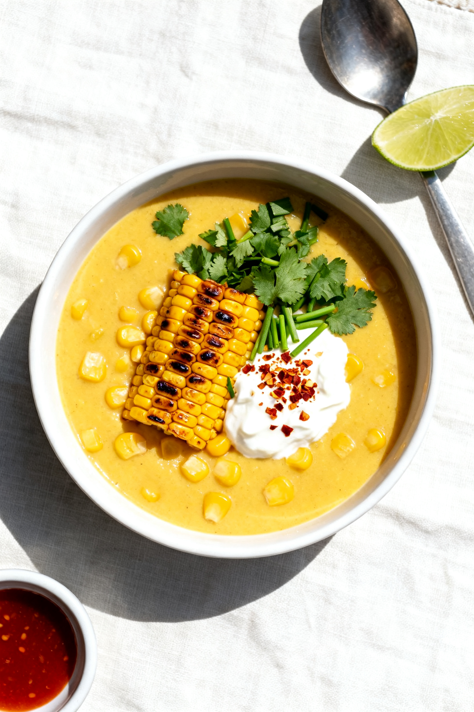 Final dish top view — Overhead shot of a bowl of grilled corn summer soup, sunny golden base with 