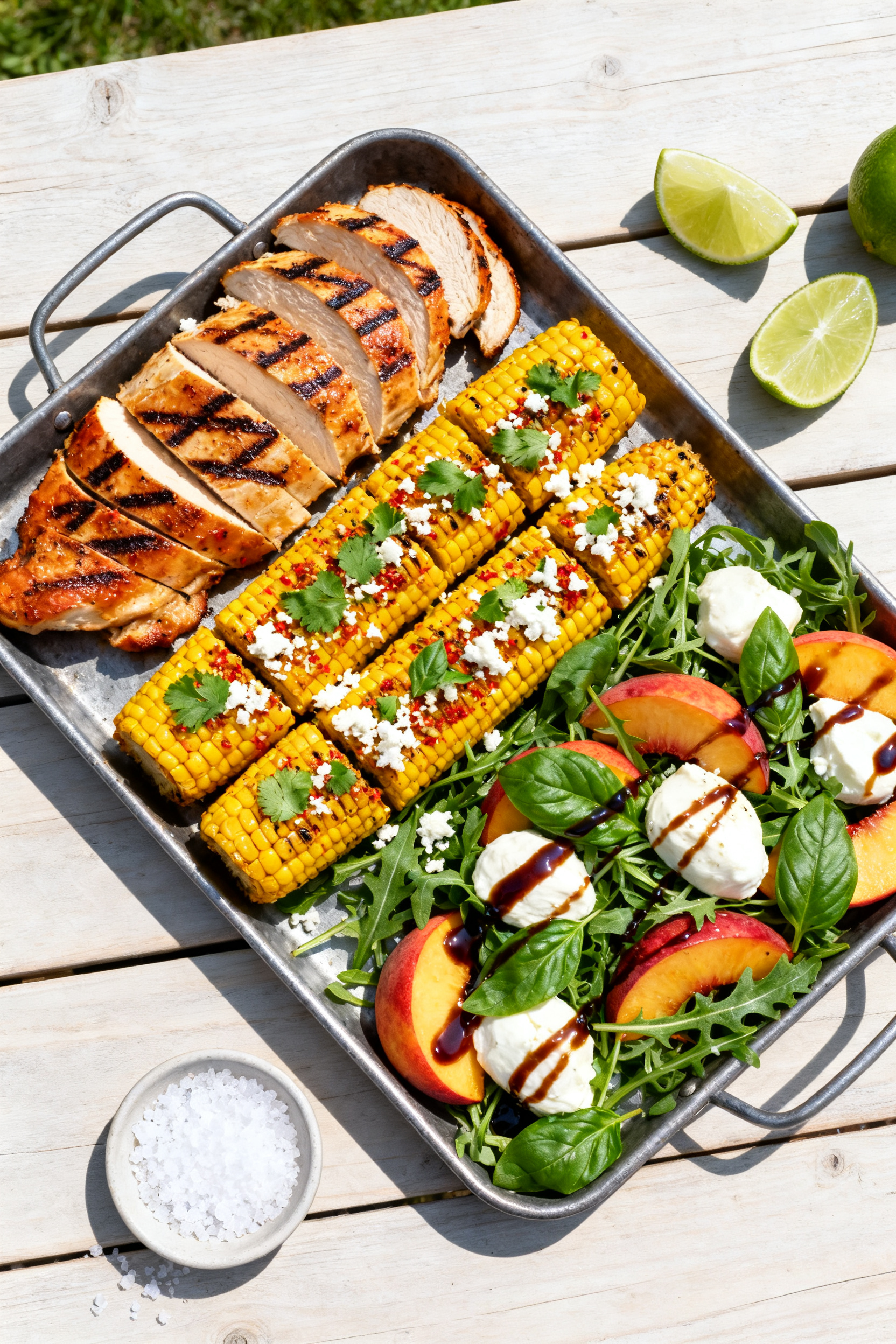 Final dish top view: Summery BBQ platter overhead on a light wood table—sliced citrus-marinated ch