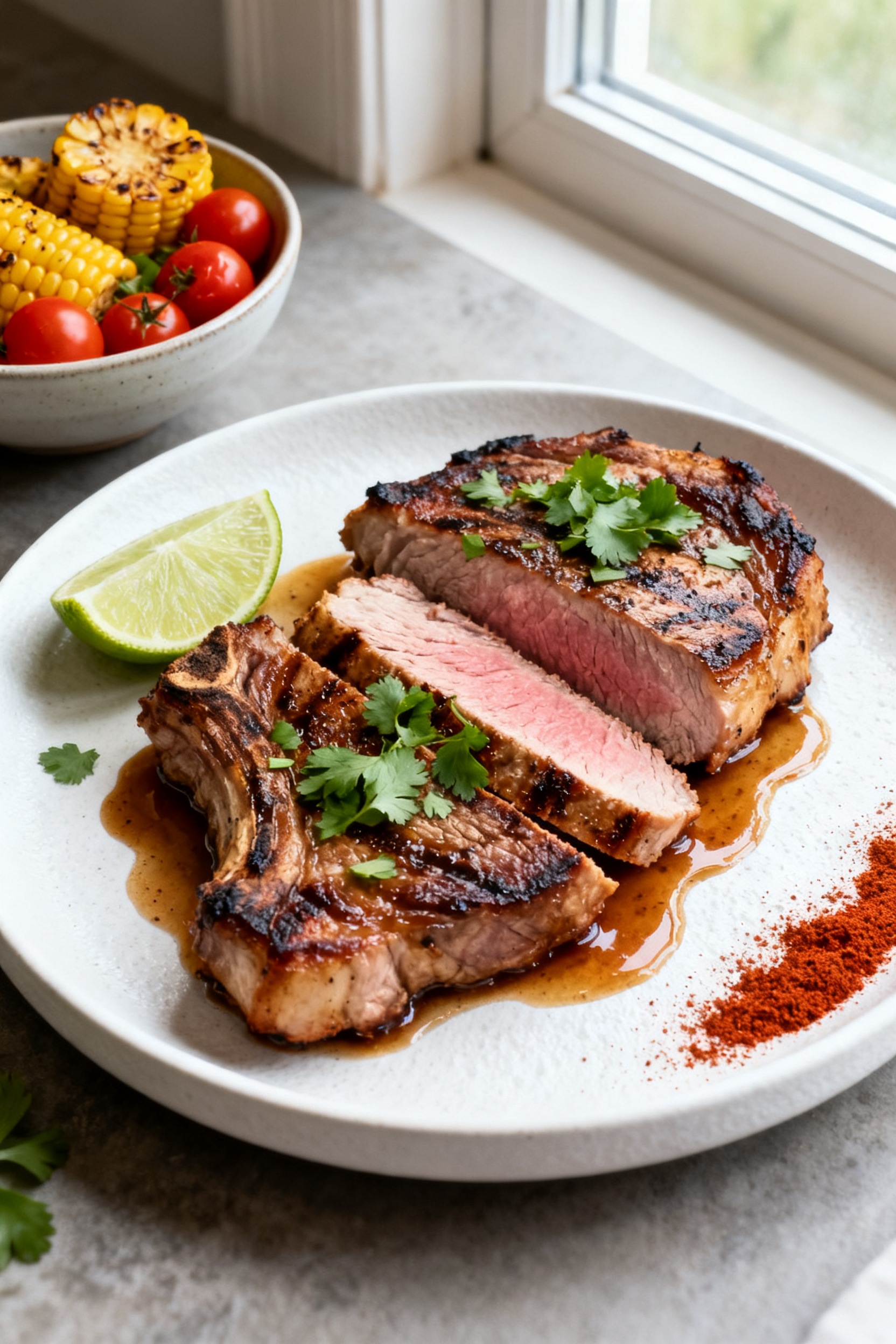 Final plated — Beautifully plated grilled pork chops resting and sliced to reveal a juicy blush ce