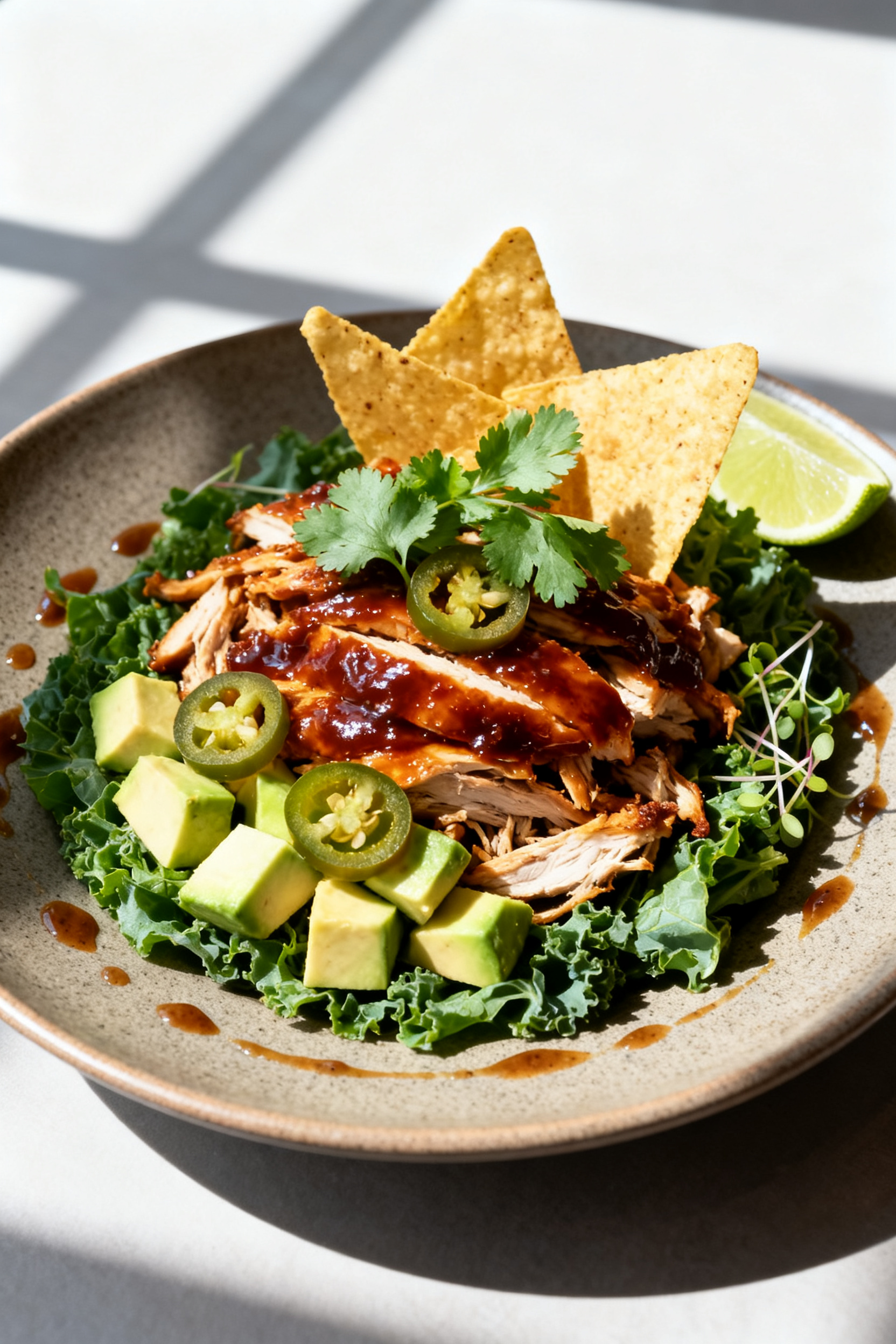 Final plated beauty: Restaurant-quality presentation of a composed BBQ Chicken Salad on a matte cera