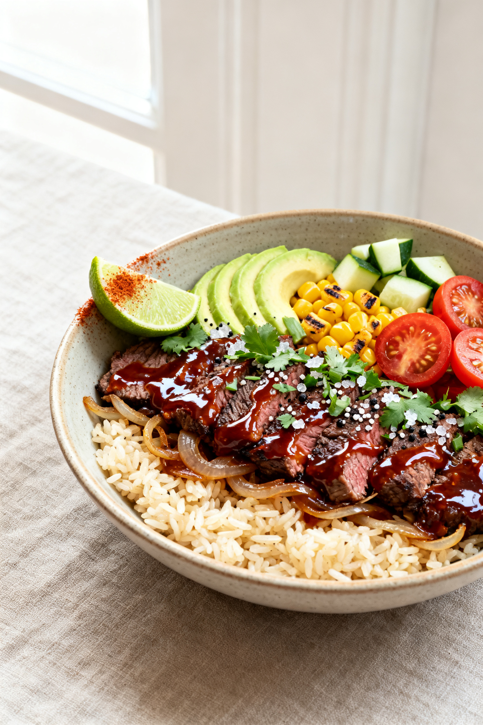 Final plated bowl — BBQ Beef Bowl Summer Lunch: Three-quarter angle beauty shot of a ceramic bowl 