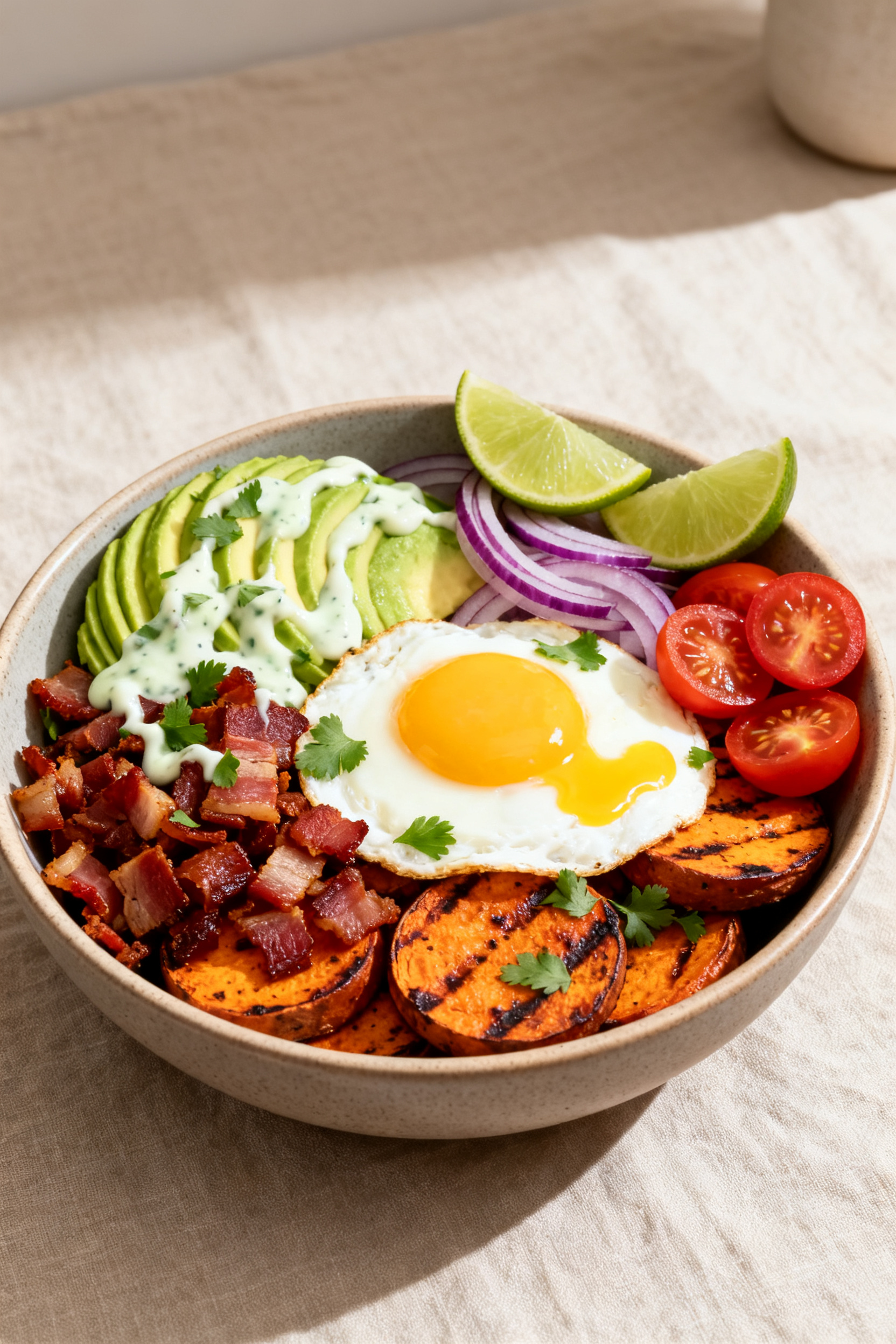 Grilled Sweet Potatoes Recipe — BBQ Breakfast Bowl Final plated bowl, hero shot: BBQ breakfast bowl assembled with a base of grilled sweet potato round