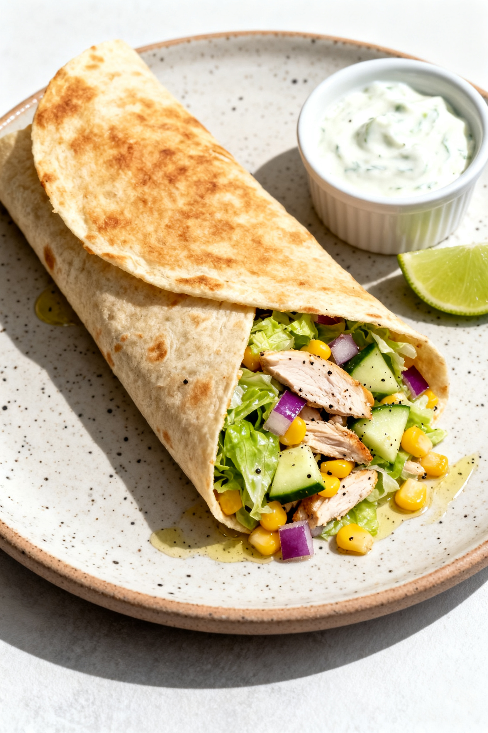 Final plated chopped salad wrap: a warm tortilla folded and lightly pressed until crisp, cut on the 