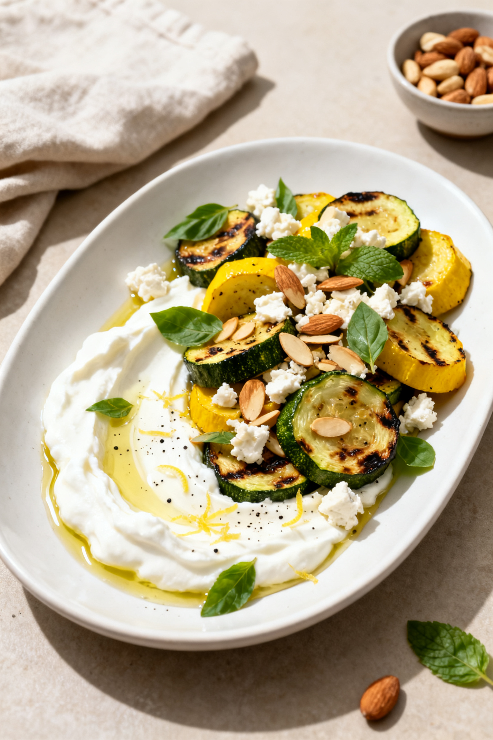 Final plated — Creamy platter with toppings: Beautifully plated charred zucchini and yellow squash