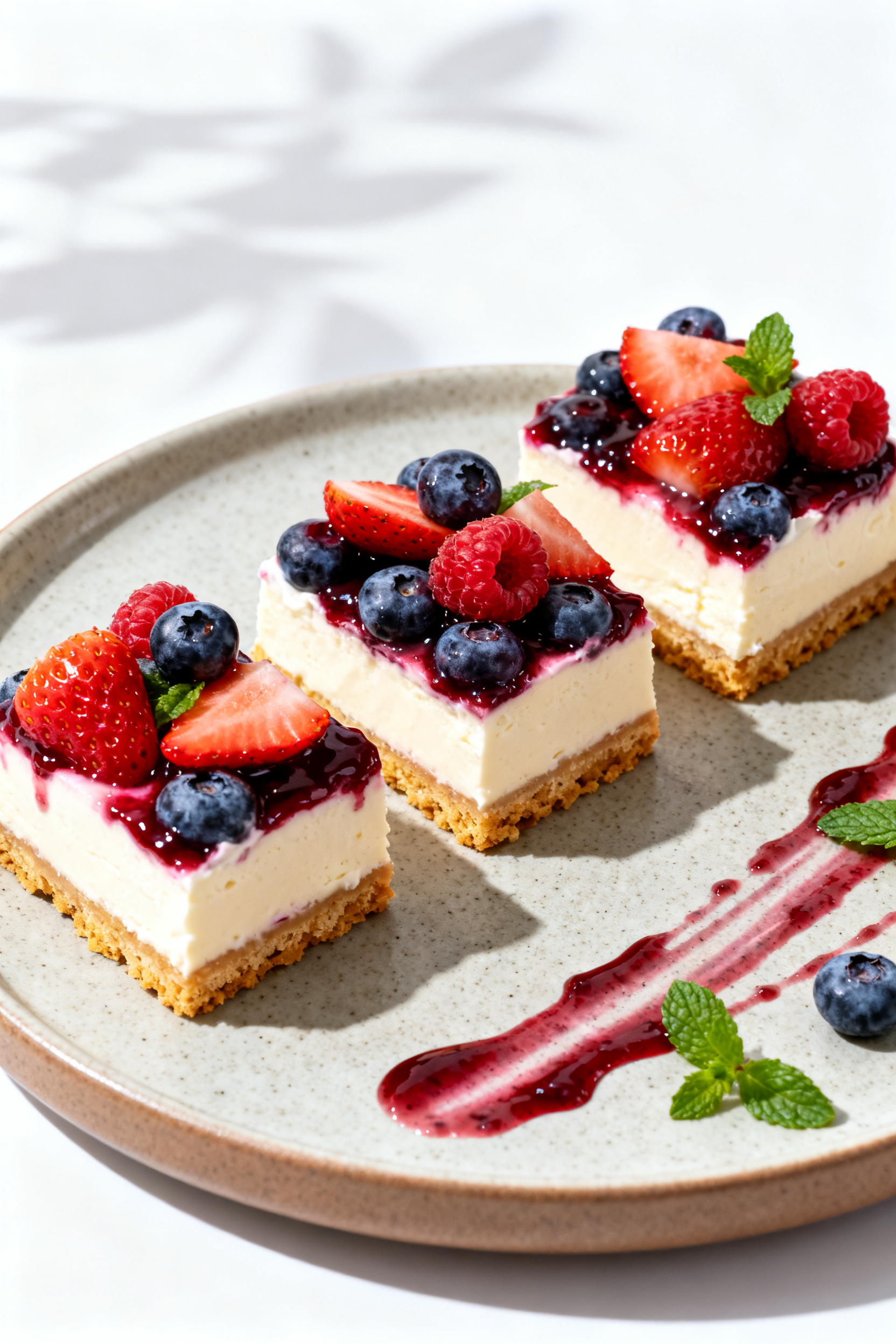 Summer Potluck Ideas — Save This for Your Next Potluck Final plated dessert: No-Bake Berry Icebox Bars sliced into neat squares, creamy pale filling of cre