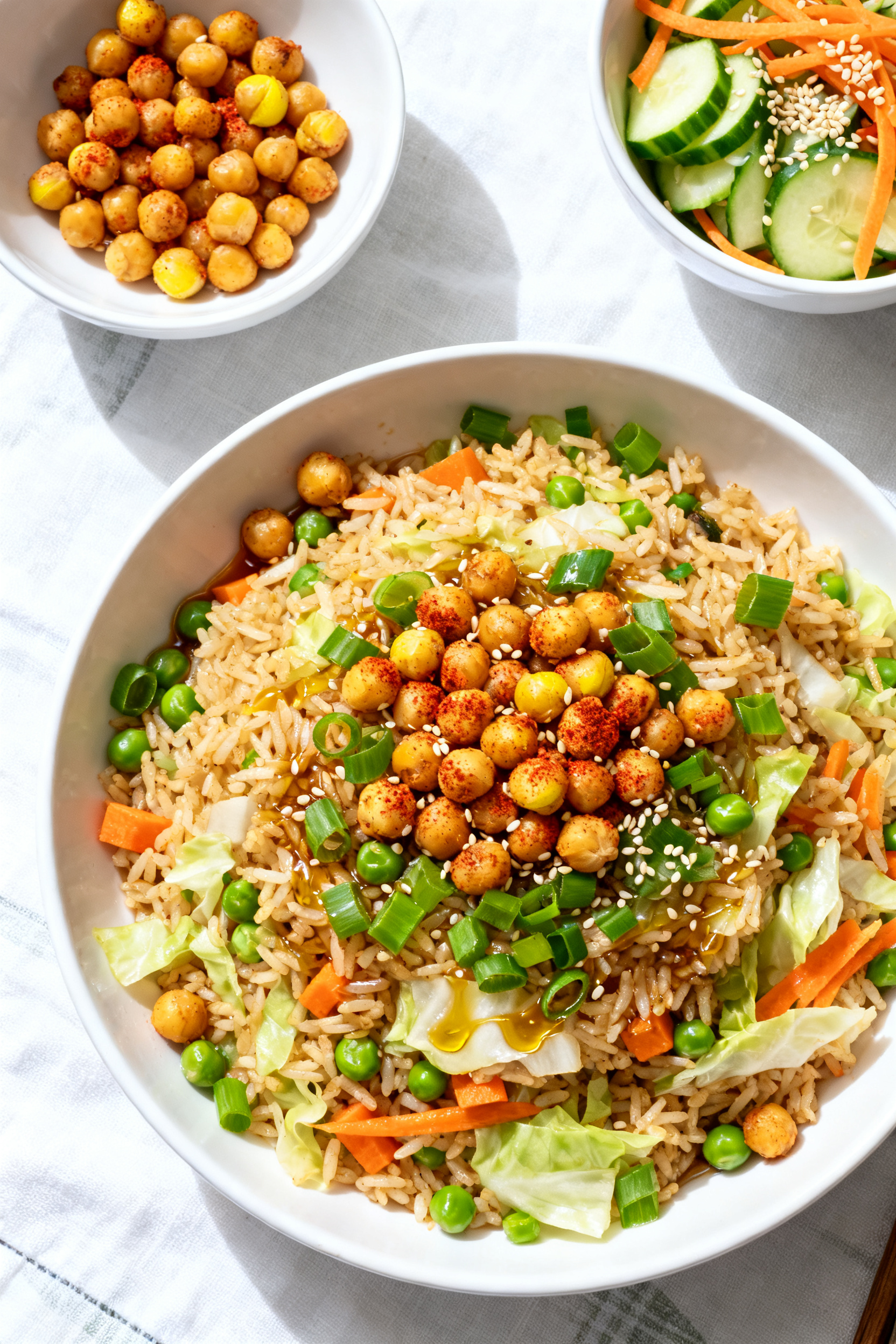 Final plated dinner: Overhead top-view of a full spring plate for under $3—bowl of vibrant fried r