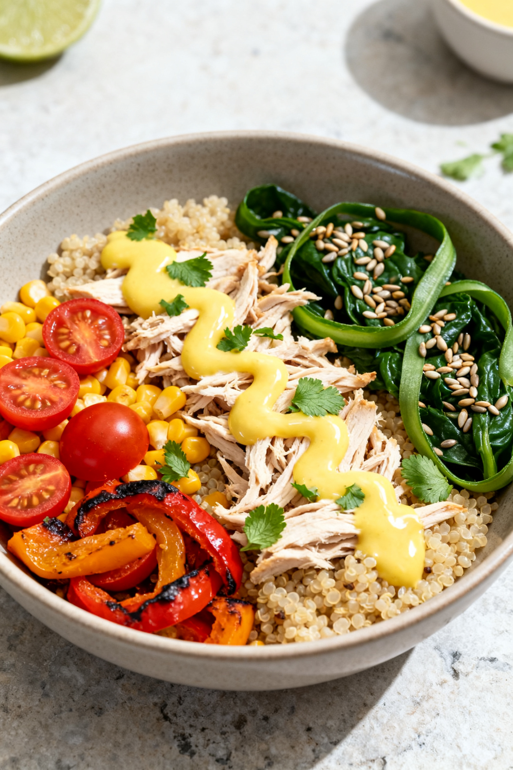 Leftover Chicken Recipes — Wait... This Was Leftovers? - Easy, Fresh Ways to Revive Cooked Chicken Final plated dish — Chicken Grain Bowl: Beautifully composed quinoa bowl with tender shredded chic