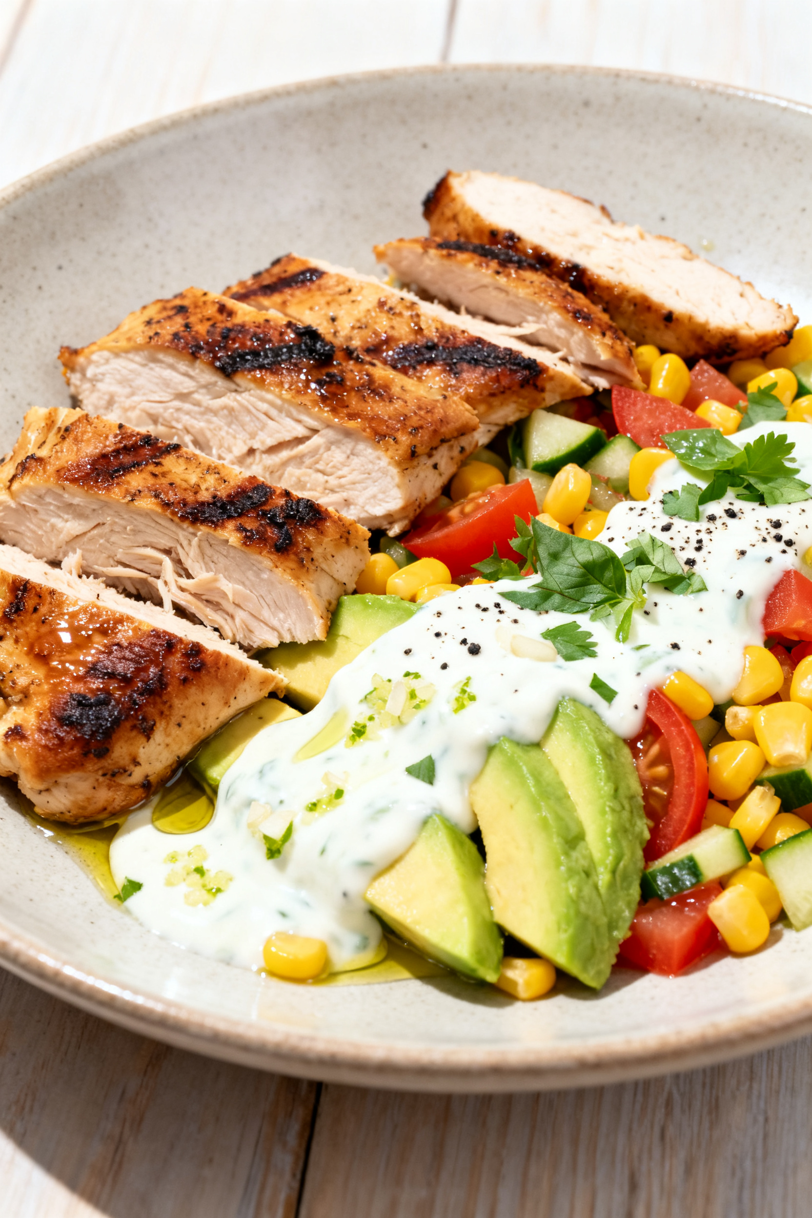 Summer Recipes — The Ultimate Warm Weather Comfort Food - Simple, Fresh, and Satisfying Final plated dish — Close-up detail of a composed dinner plate: neatly sliced charred chicken arra