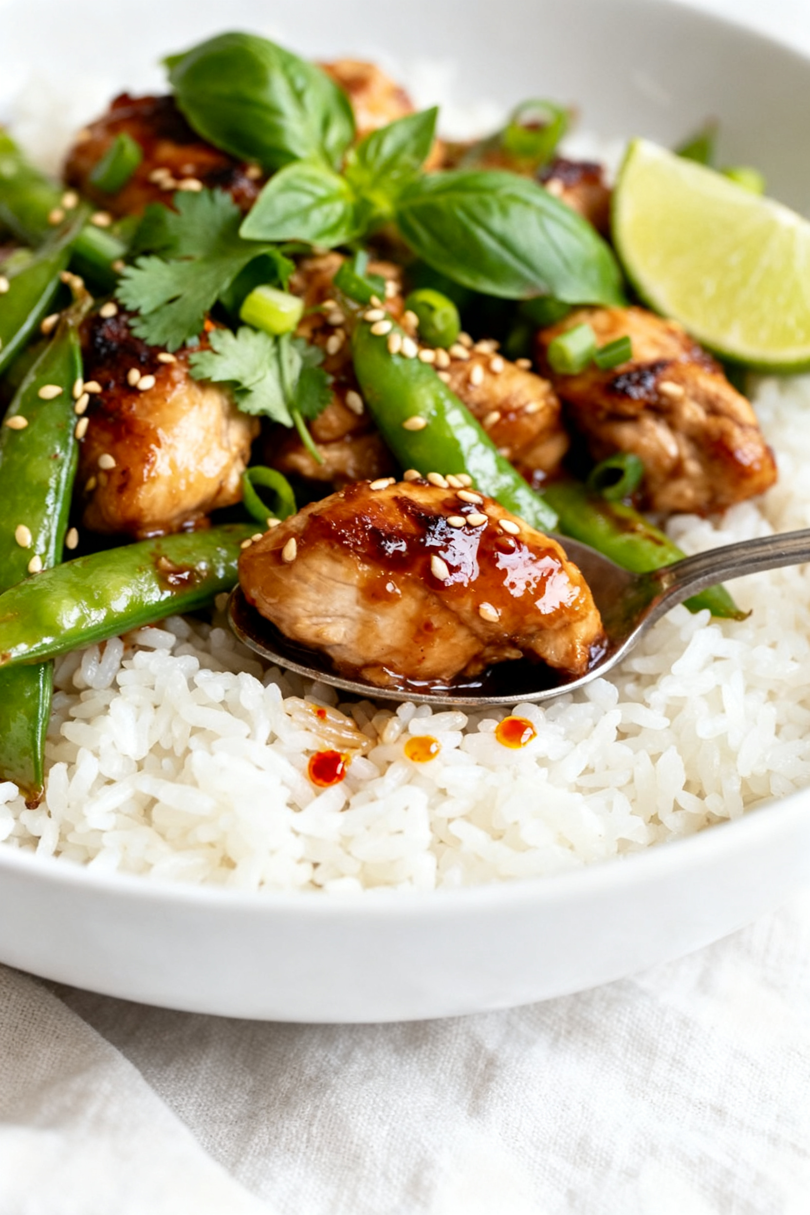 Final plated dish, close-up detail: Ultra-close shot of the finished chicken stir-fry spooned over f