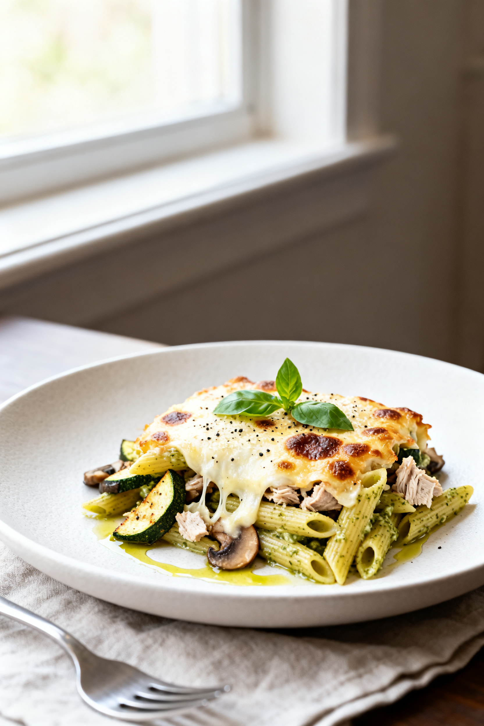 Final plated dish – Creamy Pesto Pasta Bake: Beautifully plated portion of bubbly, golden-brown pa